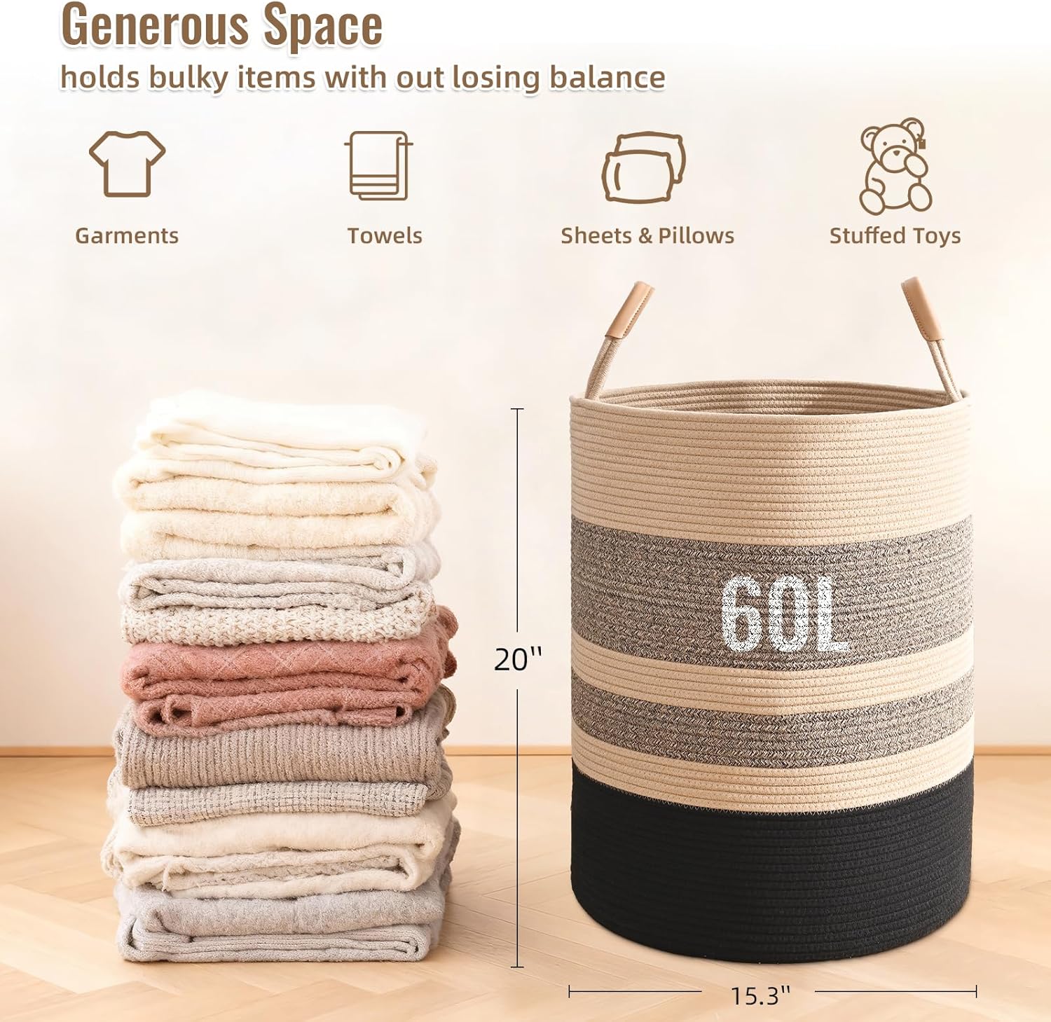 60L Striped Laundry Basket, Brown & Black Laundry Hamper with Leather Handles, Woven Cotton Rope Storage Bin for Blankets, Nursery Hamper for Clothes, Toys In Bathroom, Livingroom, Bedroom