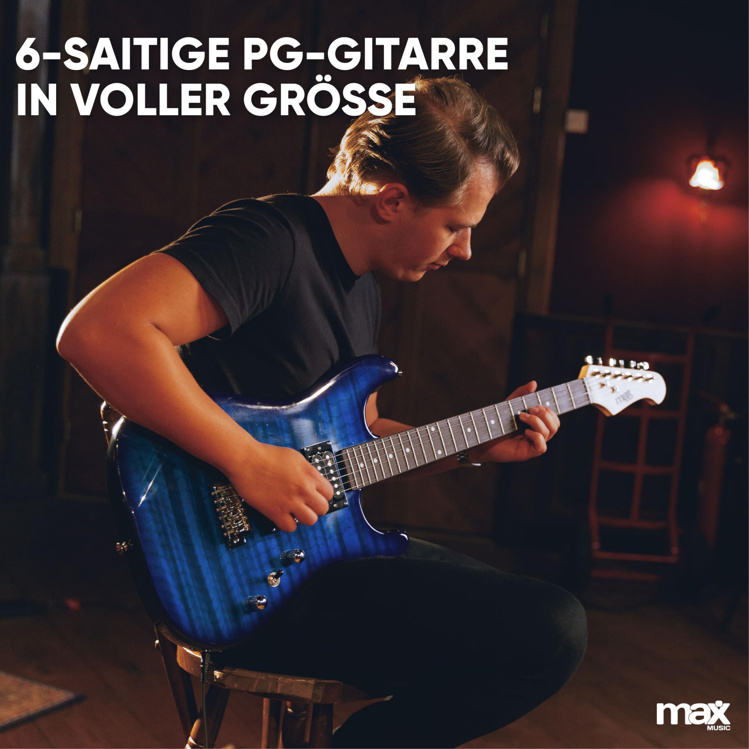 Max GigKit E Gitarre Quilted Style, E Gitarren Set mit Verstärker, Gitarrentasche, Plektrum, Stimmgerät Gitarre, Instrumentenkabel, Ersatzsaiten und Gitarrengurt, 22 Bünde - Dunkel Blau