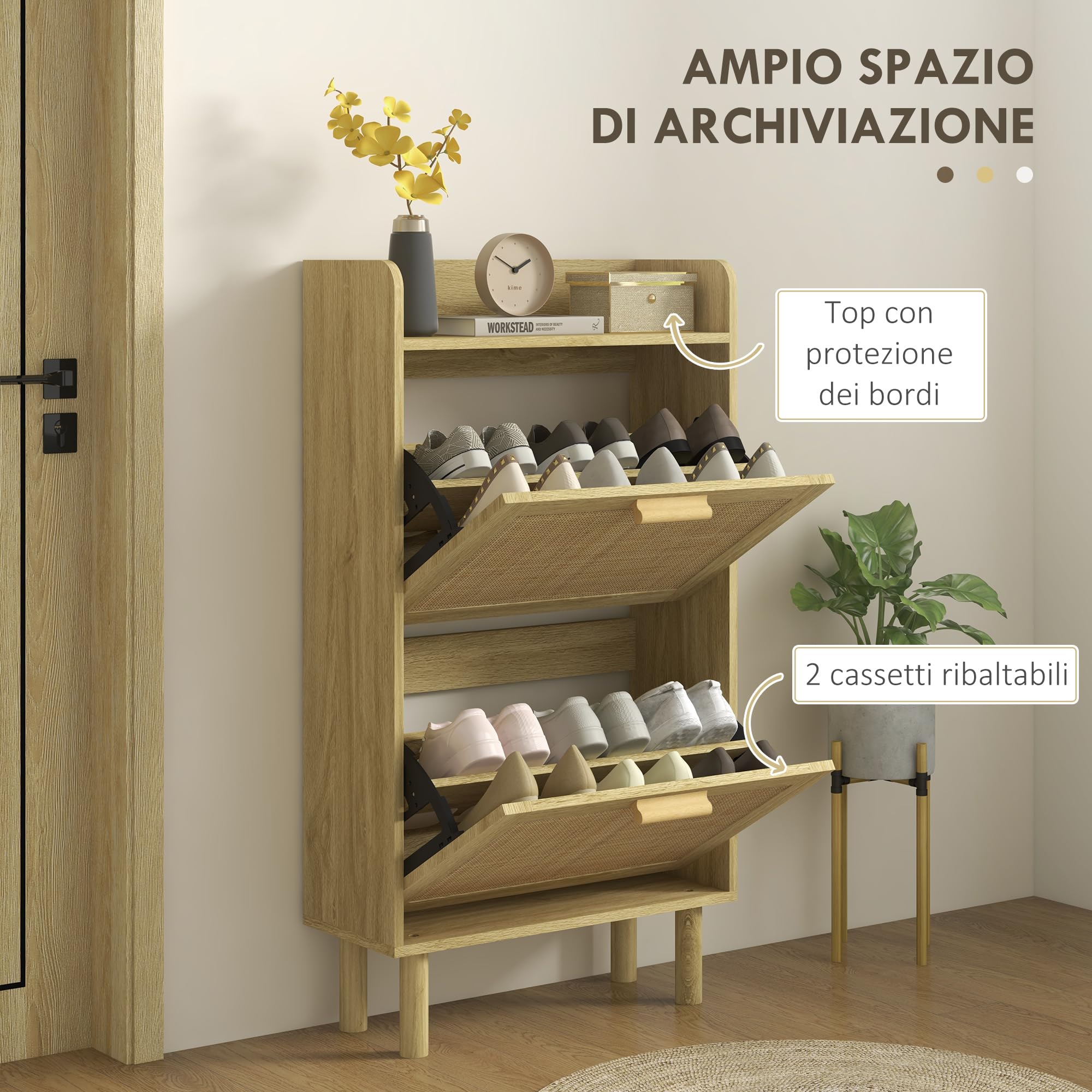 HOMCOM Scarpiera Salvaspazio Slim 2 Ante Ribalta 80x24.5x110 cm Rovere | Scarpiera Boho Ingresso, Ripiani Regolabili, Piano Superiore, 4 Gambe, Porta Scarpe per 12 Paia
