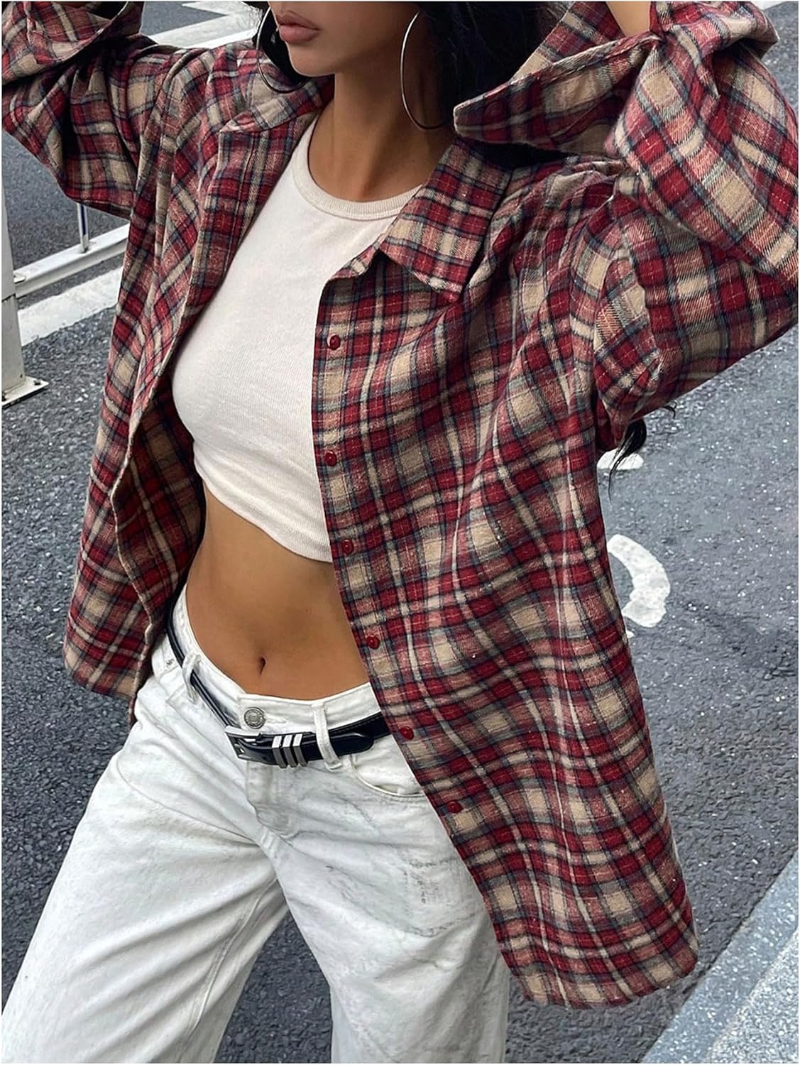 GORGLITTER Women's Gingham Plaid Shirt Oversized Long Sleeve Button Down Collared Boyfriend Casual Streetwear Blouse - Image 3