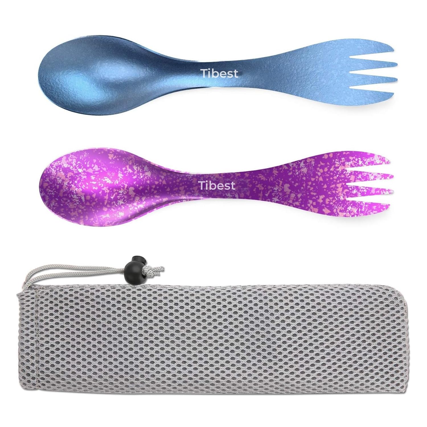 Juego de cuchara y tenedor de titanio 2 en 1, utensilios ligeros y ecológicos para camping, mochileros, senderismo, viajes (azul + morado)