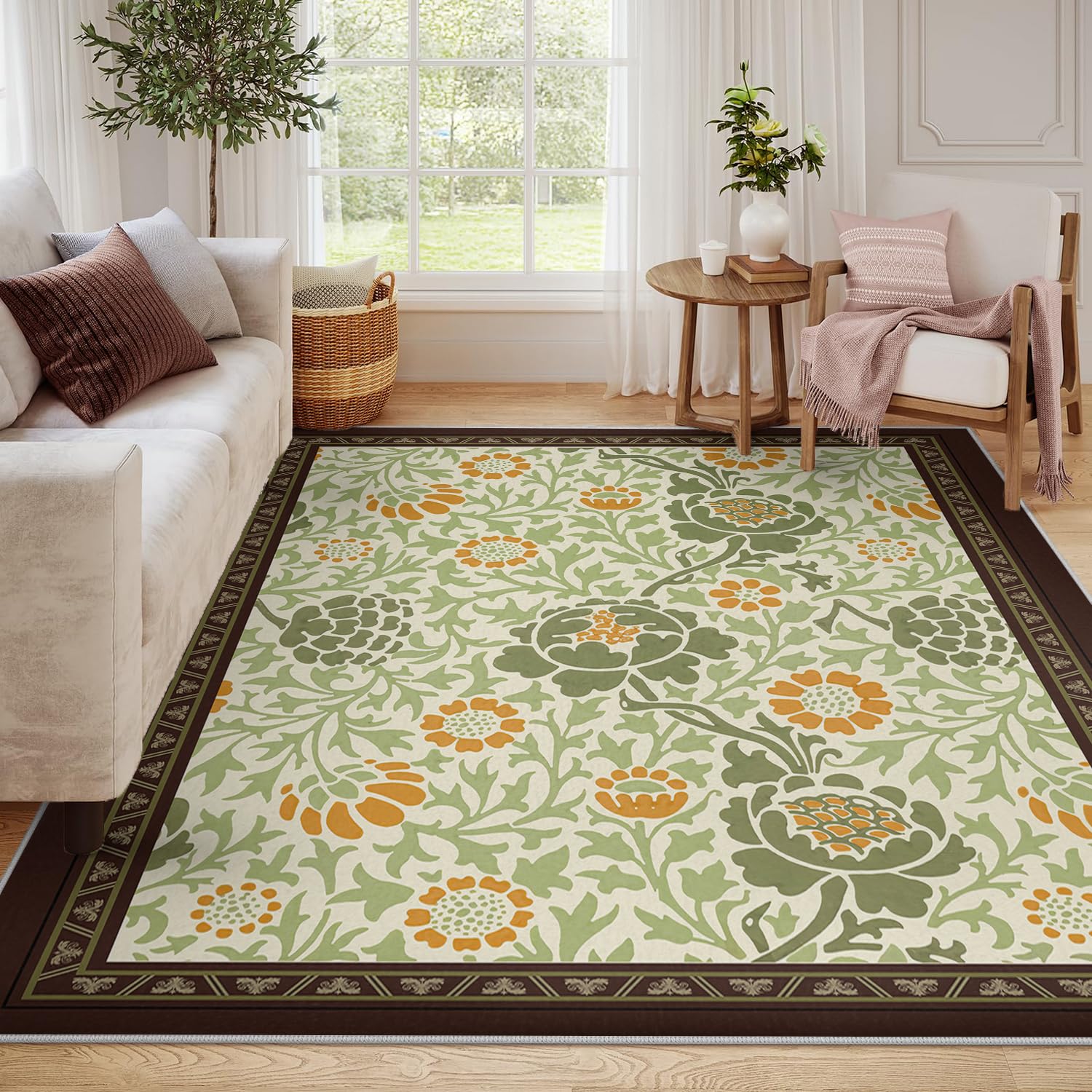 Tapis de Zone Vert Sauge 200x300 pour Le Salon Cuisine Lavable Floraux orientaux à imprimé bohème Doux antidérapant Fin d’intérieur Grand Chambre Salle Manger Jeux Bureau.