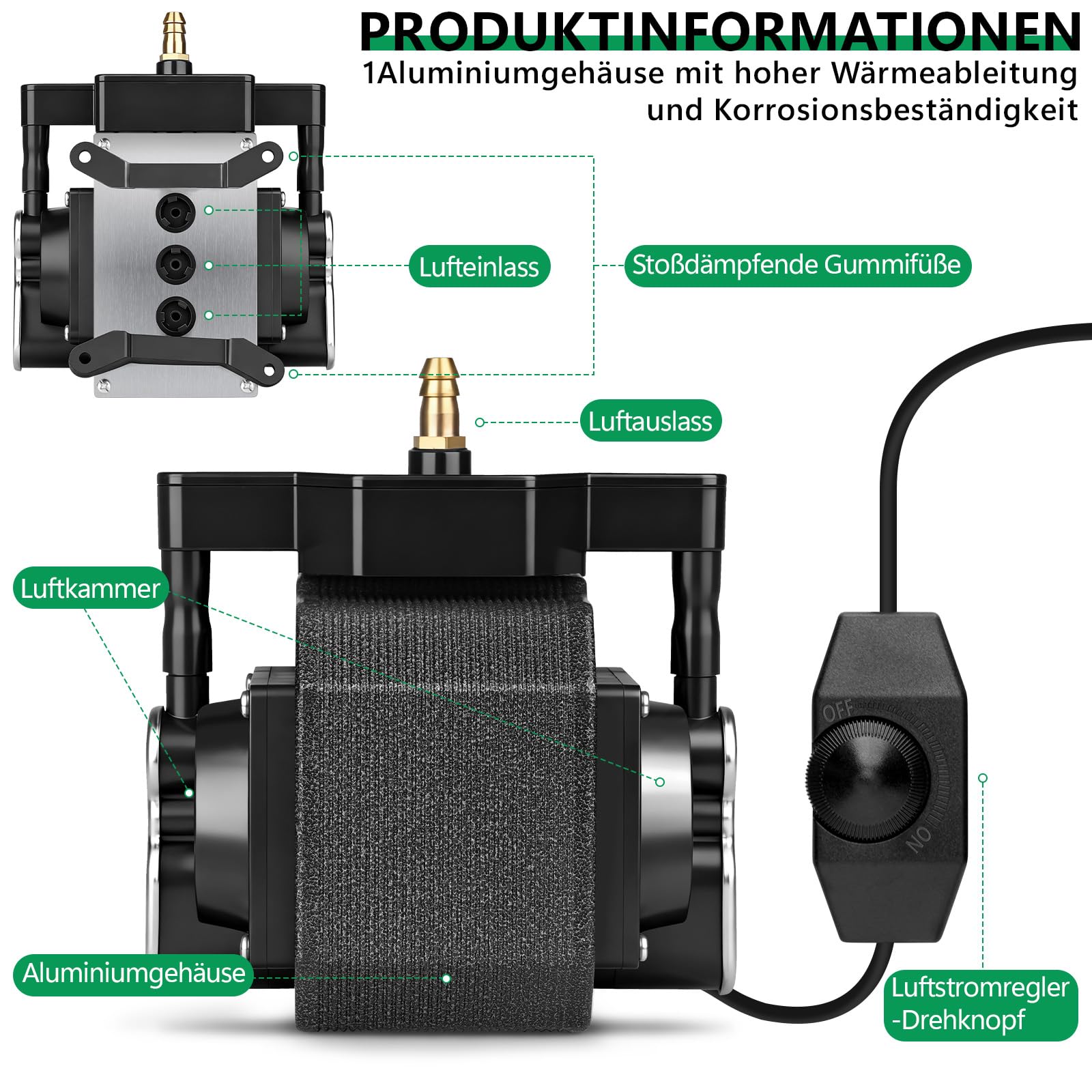 Bomba de aire para acuario de 40 W con motor de cobre de doble canal, carcasa de aluminio, potente aireador de estanque, capacidad máxima de 72 m3, caudal de 80 l/min, ideal para grandes acuarios y