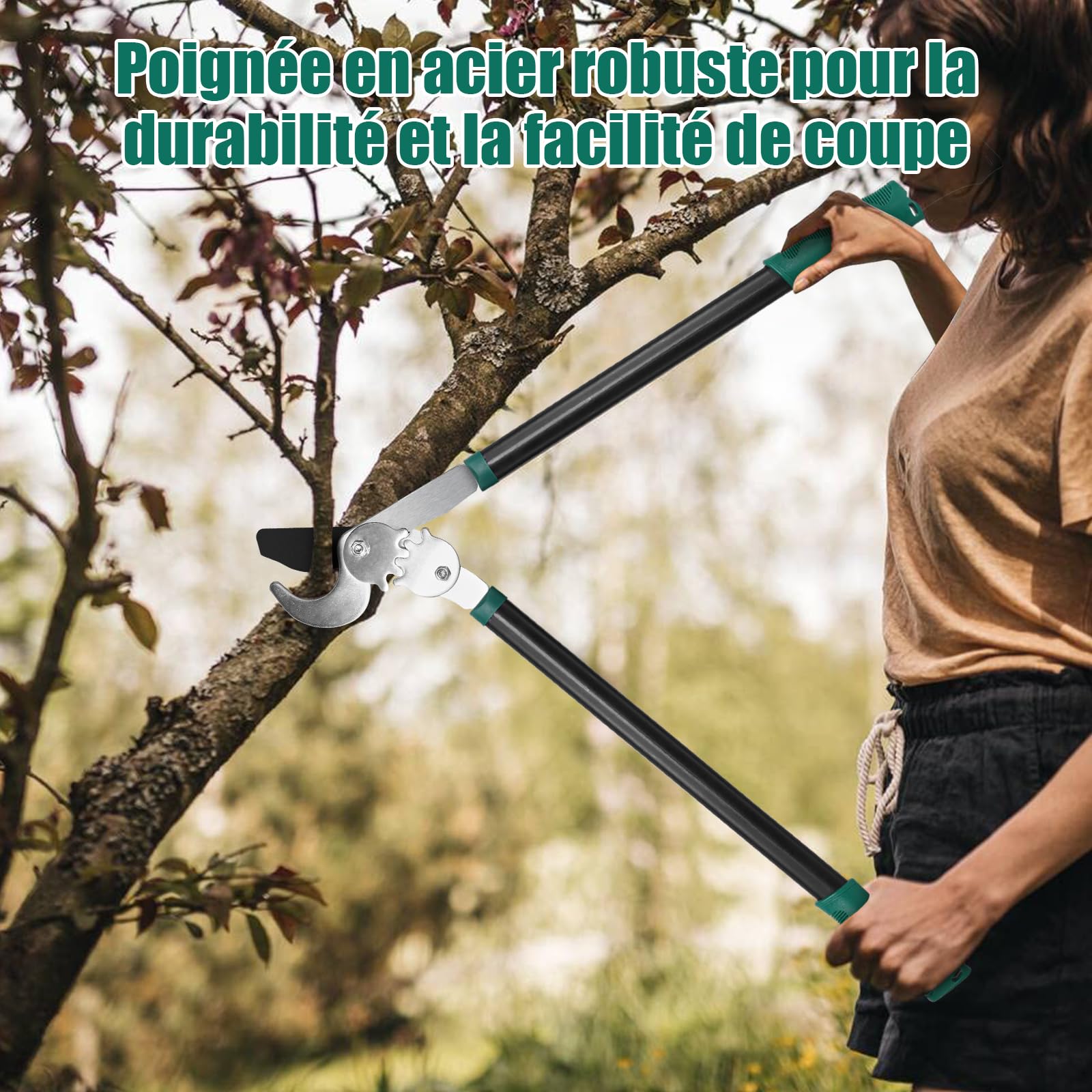 HYCHIKA Ébrancheur télescopique pour bois frais Coupe Branche 74CM, Sécateur Long Manche, Taille Branche, Cisaille de Jardin, Diamètre Cuts Ø50 mm max., Lames en Acier Trempé