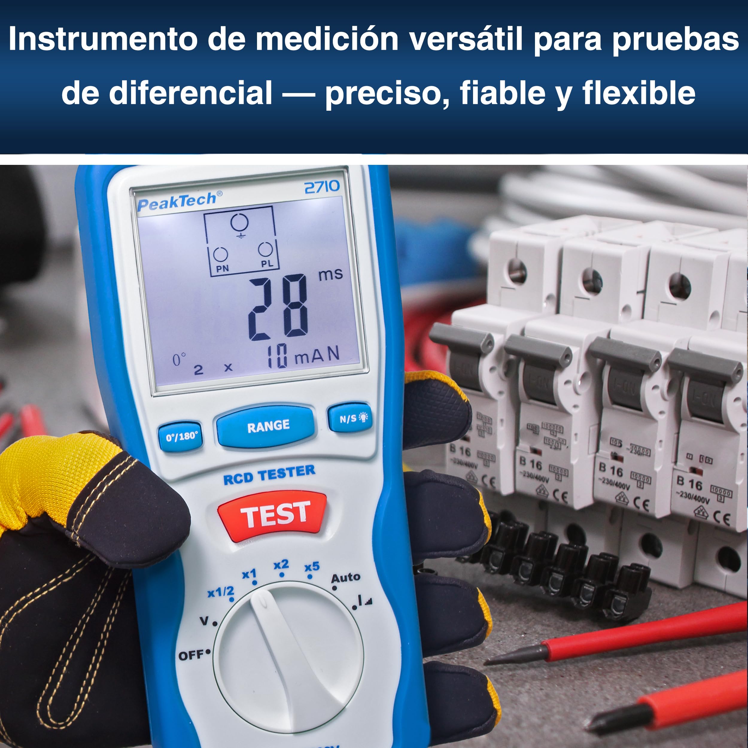 PeakTech 2710 – Probador digital de FI con pantalla LCD grande, disyuntor de corriente residual, cuchilla RCD, carcasa con doble aislamiento, voltaje de funcionamiento 230V / 50Hz - CAT III 600 V