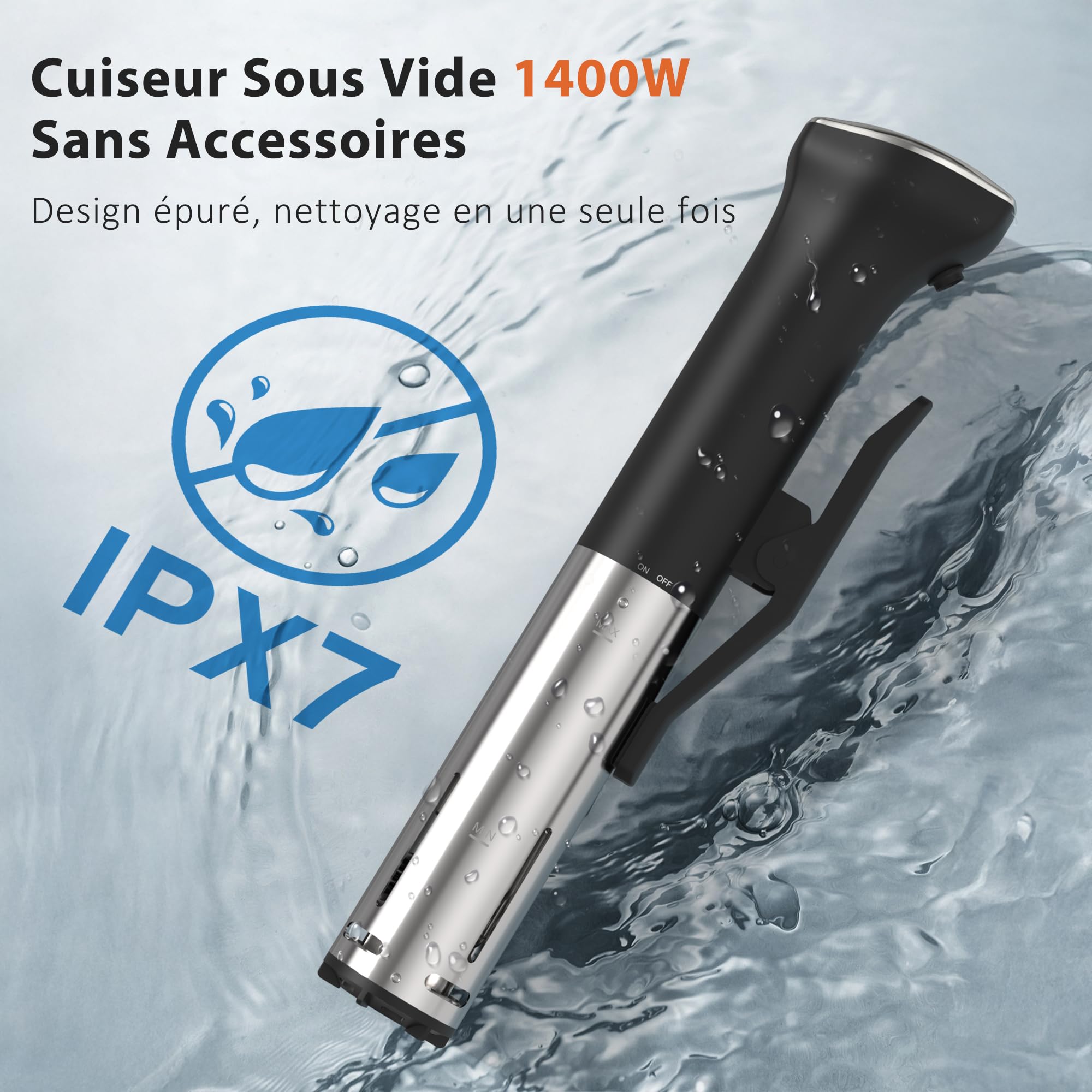 Cuiseur Sous Vide, Cooksir 1400W Sous Vide Cuisson, LED Commande tactile, IPX7, Boîtier en Acier Inoxydable, Argenté, 360° Cycle, 10°C-90°C, 1-99 minutes, Prise