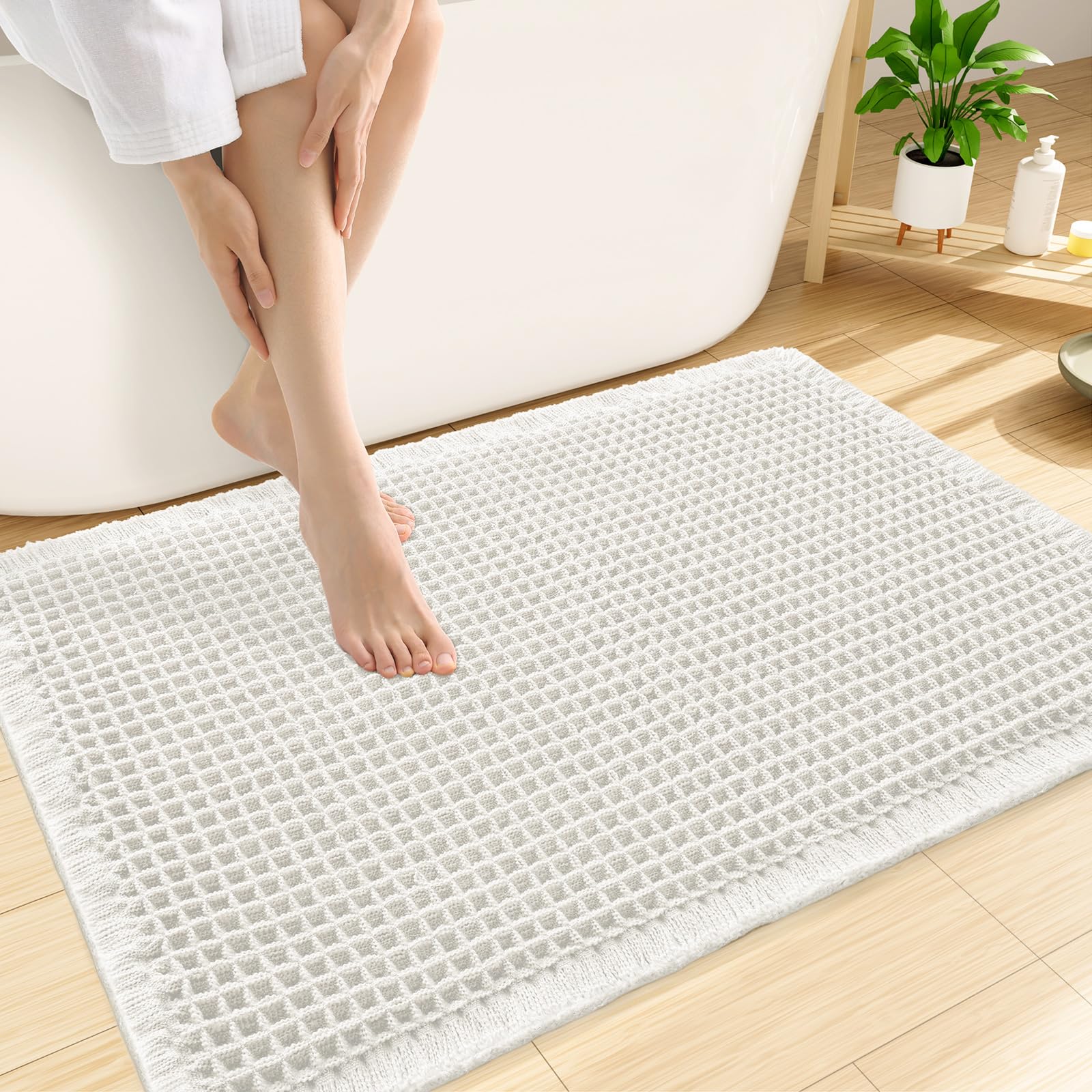 Smiry Waffle Bath Mat 30X20, Extra Soft Absorbent Bathroom Rugs, White | Non Slip Machine Washable Quick Dry Bath Rugs for Bathroom Floor, Tub, Shower, Home Decor Accessories