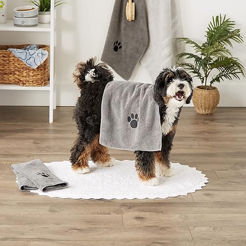 Miniatura 5 de Bone Dry Pet Drying Collection - Juego de toallas de microfibra bordada para mascotas, 15 x 30, color gris con huella de pata negra, S, 3 piezas