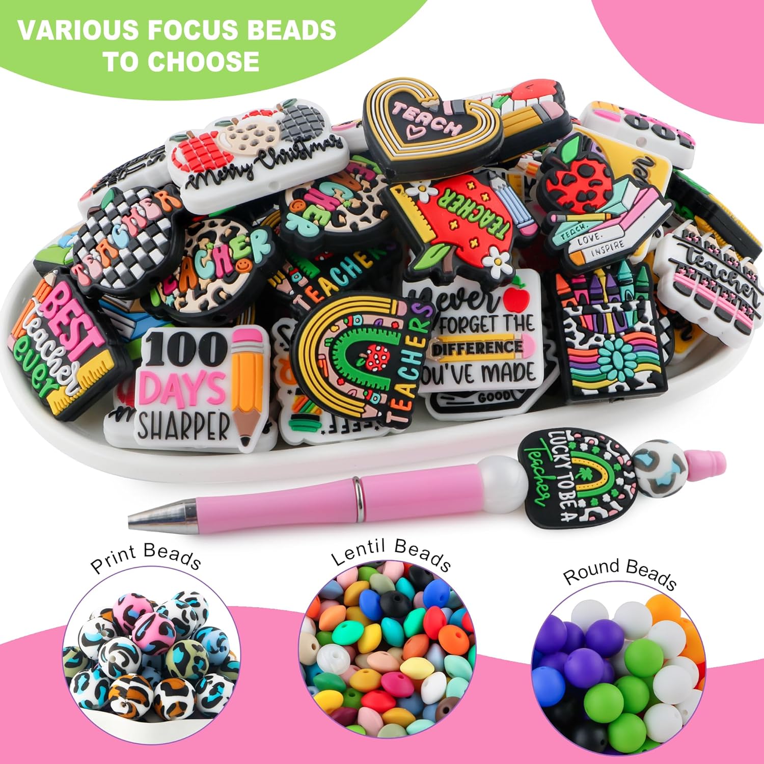 HHCFAST 50Pcs Focal Silicone Beads for Keychain Making Bulk Silicone Focal Beads for Pens Necklace and Bracelets（Multiteach）