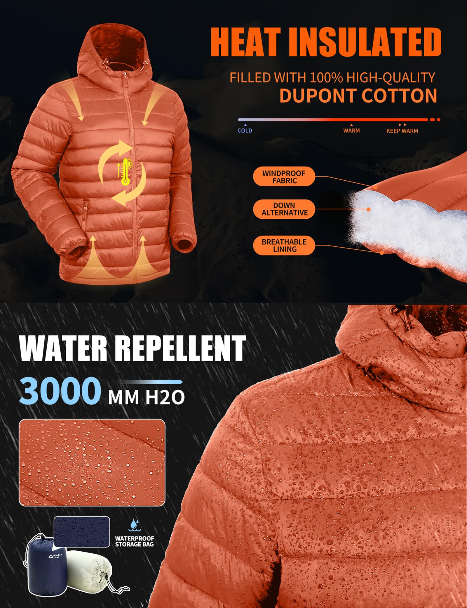 Pioneer Camp Veste matelassée légère et pliable à capuche pour homme - Veste d'hiver thermique bouffante pour course à pied et voyage