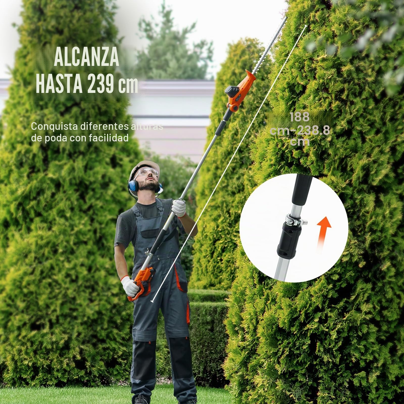 VEVOR Cortasetos a Batería 20 V Cortasetos Inalámbrico Cuchilla de Acero de Doble Filo 45,7 cm Mástil Telescópico 188-239 cm Cortasetos Eléctrico con Cargador Rápido para Plantas Altas