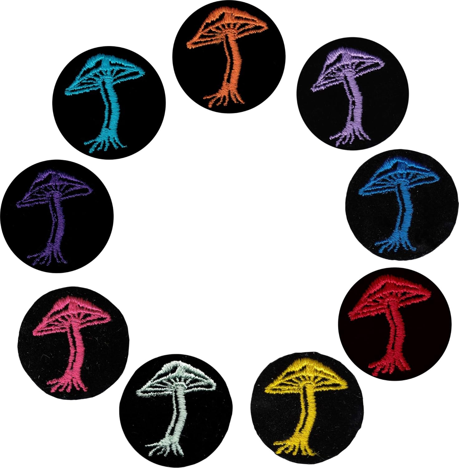 Multi Colored Mushrooms on Black Circles - Cut Out Embroidered Iron On or Sew On Patches - Set of 9