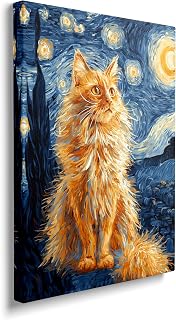 Cat Starry Night Canvas Wall Art Animal Pictures for Kitchen Living Room Bedroom Bathroom Office,Cats Abstract Print Cat Painting Home Modern Art Work Framed Wall Art Decor 16" x 12"