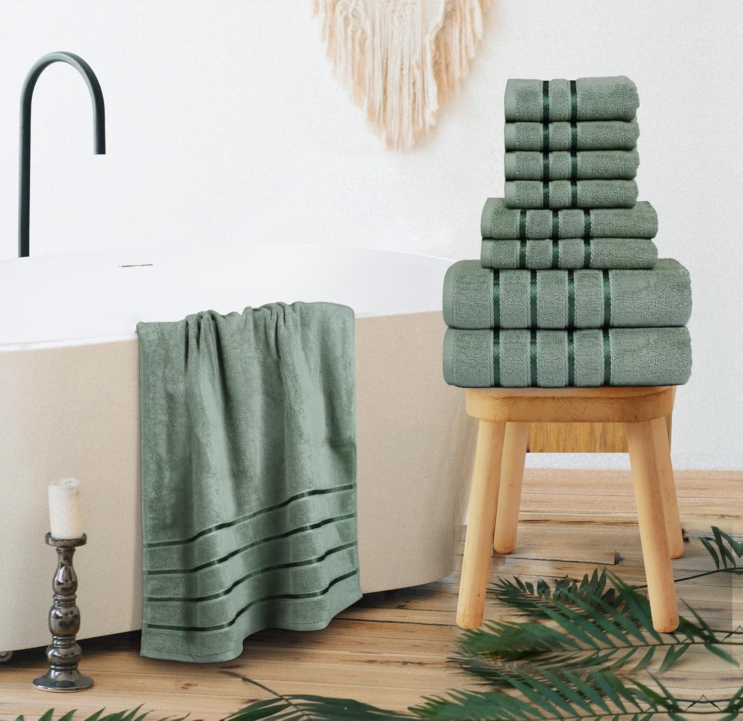 Luxury Towels for Bathroom Set of 8-2 Bath Towels 2 Hand Towels 4 Washcloths - 600 GSM 100% Cotton Ring Spun Viscose Border Towels Set - Sage Green