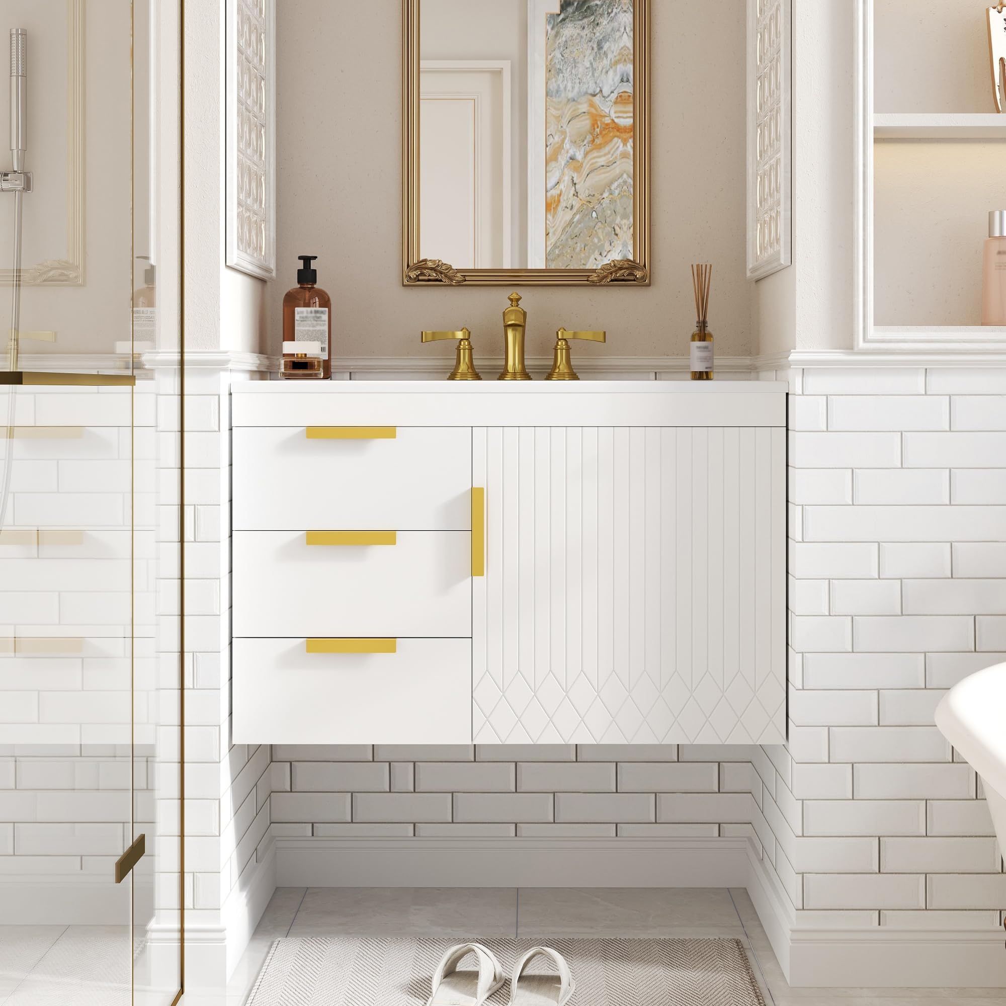 30 Inch Floating Bathroom Vanity with Ceramic Sink & Integrated Countertop,Wall Mounted White Bathroom Vanity with Gold Handles,3 Drawers & Storage Cabinet,Striped Carving Front