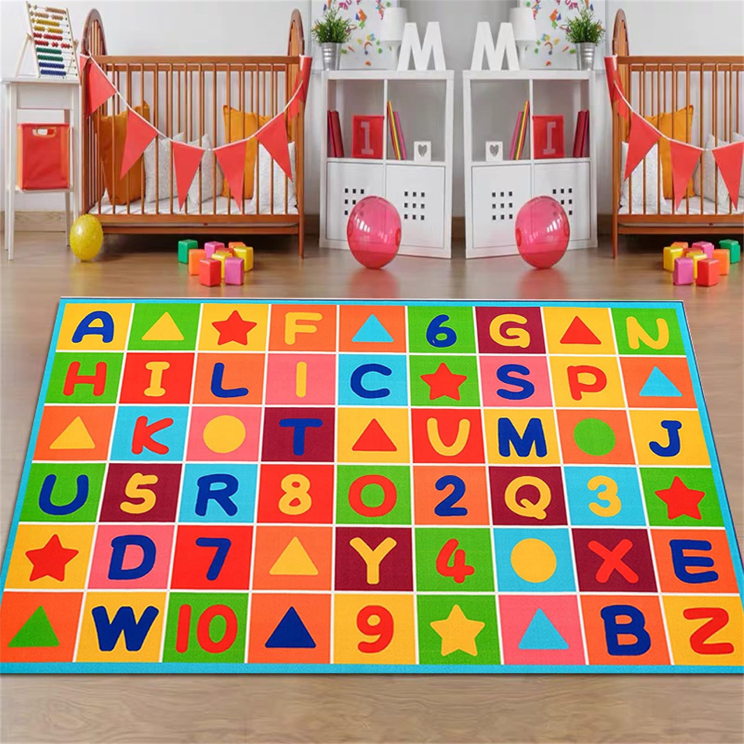 Bunter Alphabet-Lernteppich für Kinderzimmer, Zahlen, lustiger Lernteppich, rutschfest, waschbar, dünn, für Klassenzimmer, Kindergarten (120 x 120 cm)