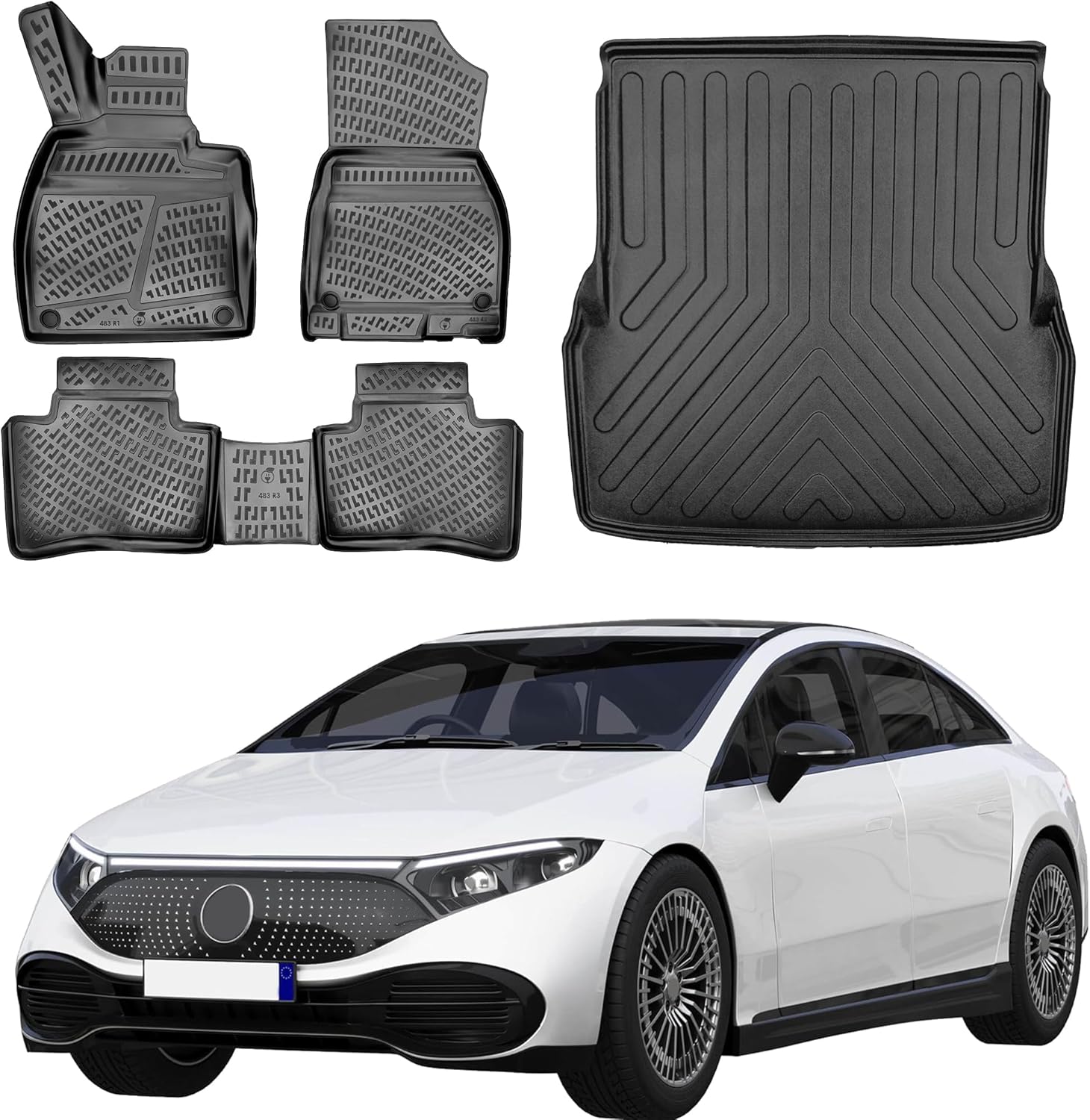 Floor Mats & Cargo Liner fits Mercedes EQS Sedan Electric 2022-2024, Custom Fit All-Weather TPE Floor Liners, 3D Laser Measured, Waterproof, Durable, Black (Front, Rear & Cargo Set)