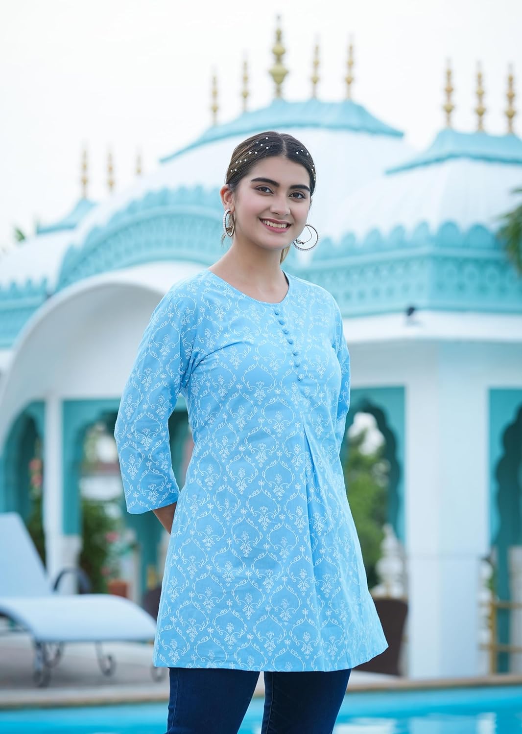 Yash Gallery レディース コットン フローラルプリント ショート クルティ (ブルー)