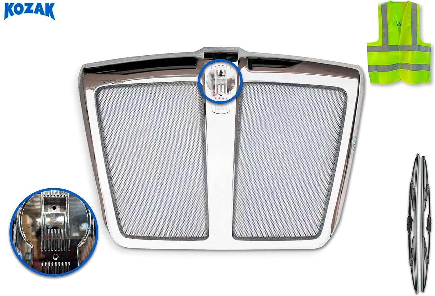 KOZAK Chrome Grille Frame with Bug Screen (damage, does not affect intended use) Compatible with Kenworth T680 2013-2021 (L29-6155-100 L45-6064-110) PLUS Logo, 2x 22" Windshield Wipers and Vest