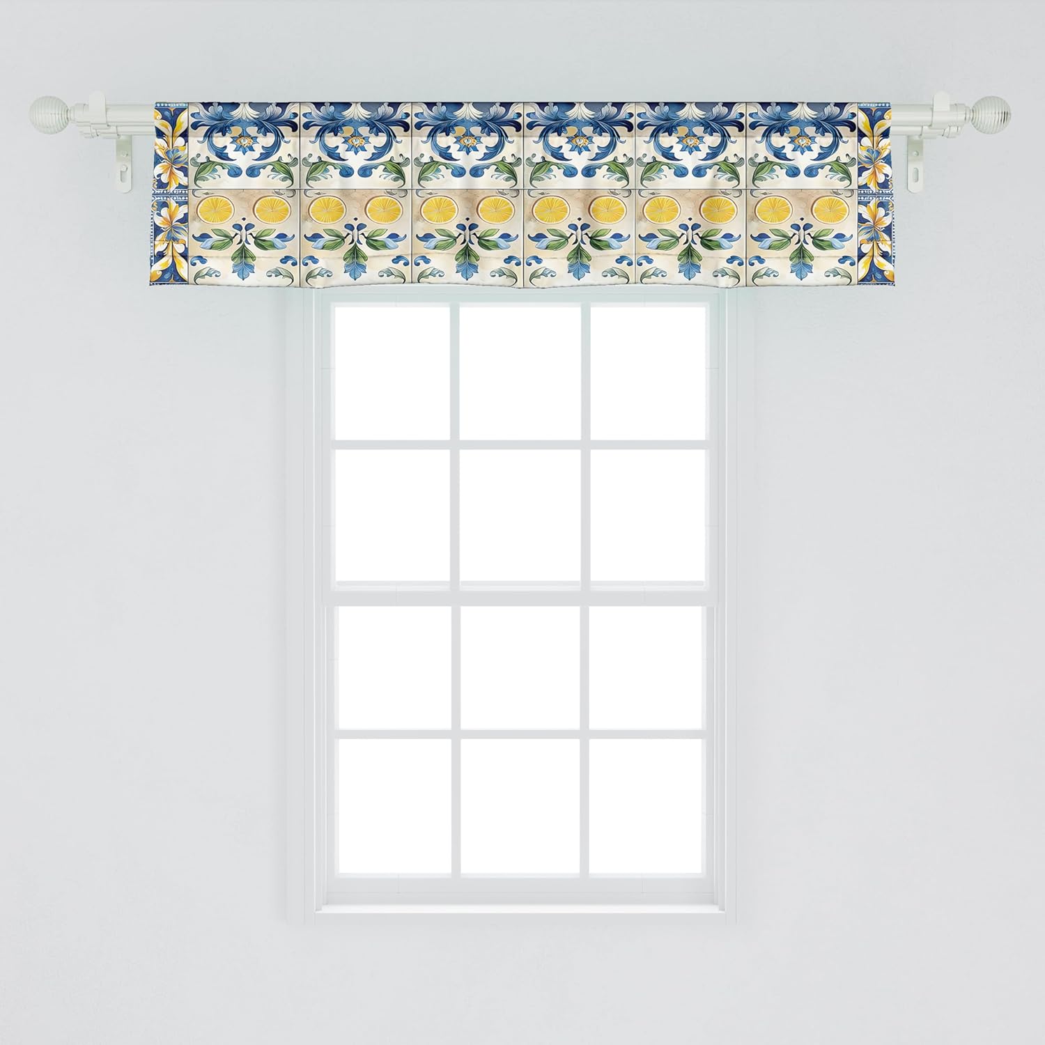 Ambesonne Mediterranean Window Valance Pack of 2, Checkered Abstract Modern Curlicue Leaves and Lemons Art Oriental, Rod Pocket Curtain Valances Kitchen Bedroom, 54" X 12",Blue Yellow and Green