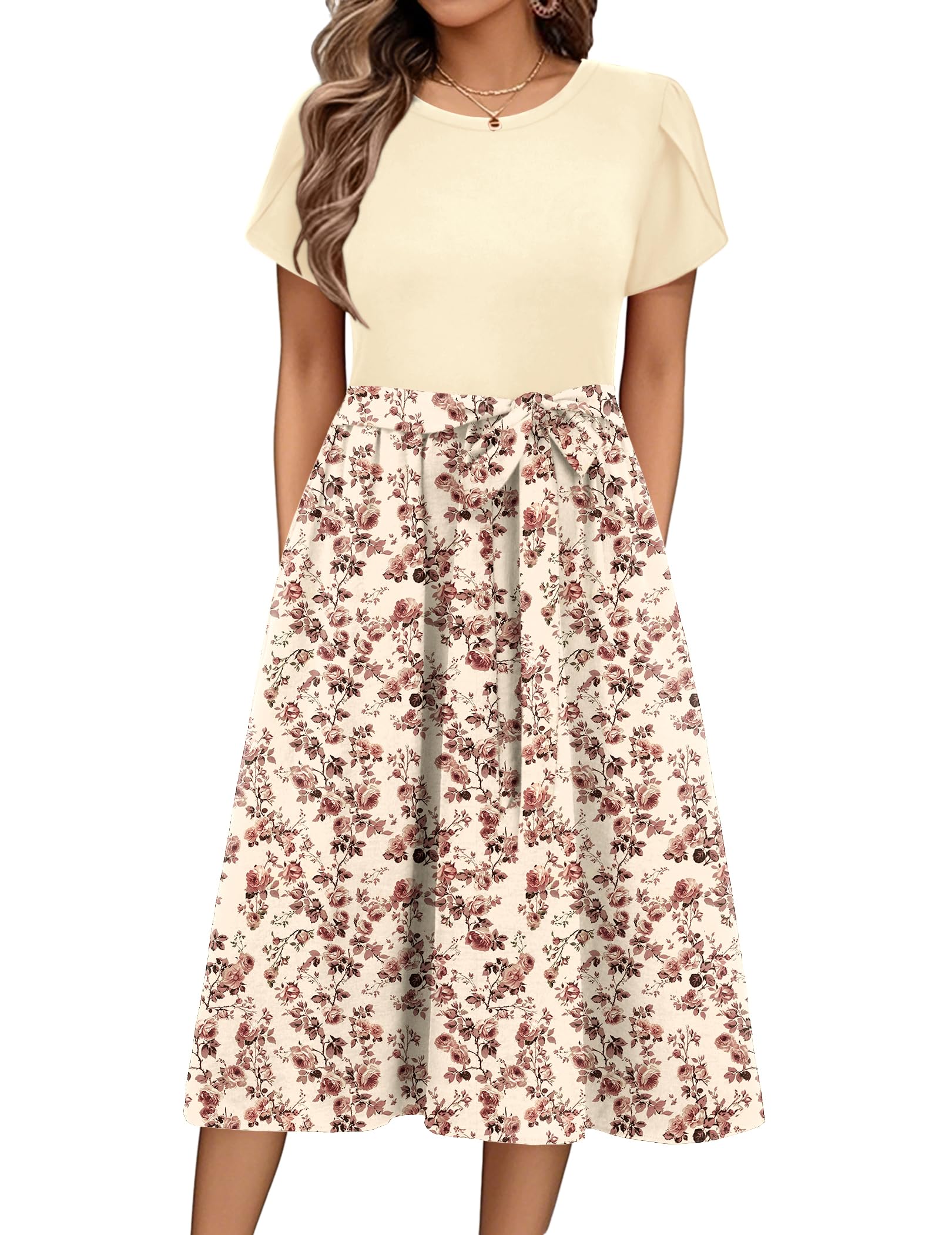 Zeagoo Abiti Estivi da Donna Scollo Rotondo Elegante Manica Corta Vita Alta Midi Abiti Casual Floreale Abiti con Tasche S-XXL