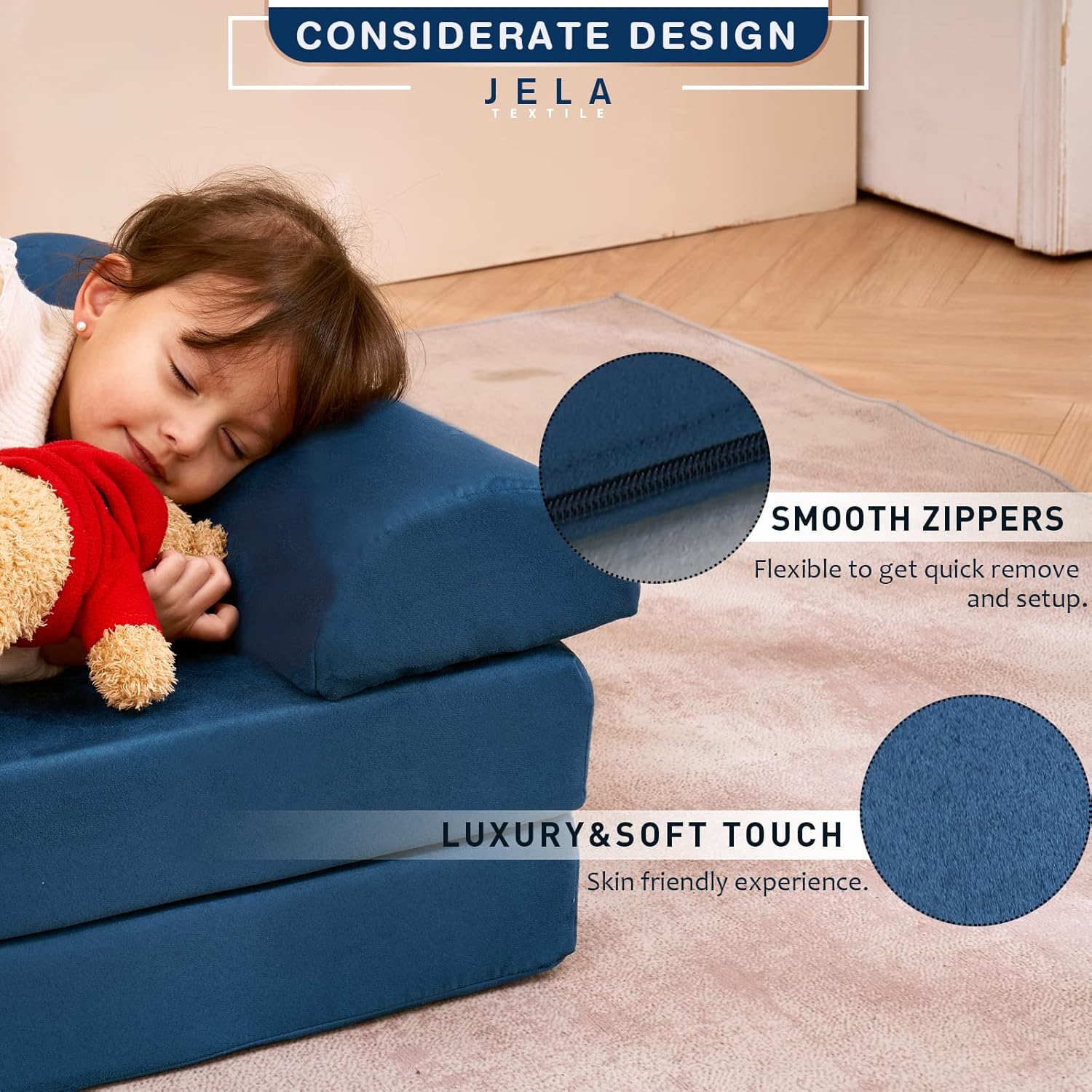 jela Kids Couch Large, Floor Sofa Modular Funiture for Kids Adults, Playhouse Play Set for Toddlers Babies, Modular Foam Play Couch Indoor Outdoor (57"x28"x18", Navy Blue) - Image 5