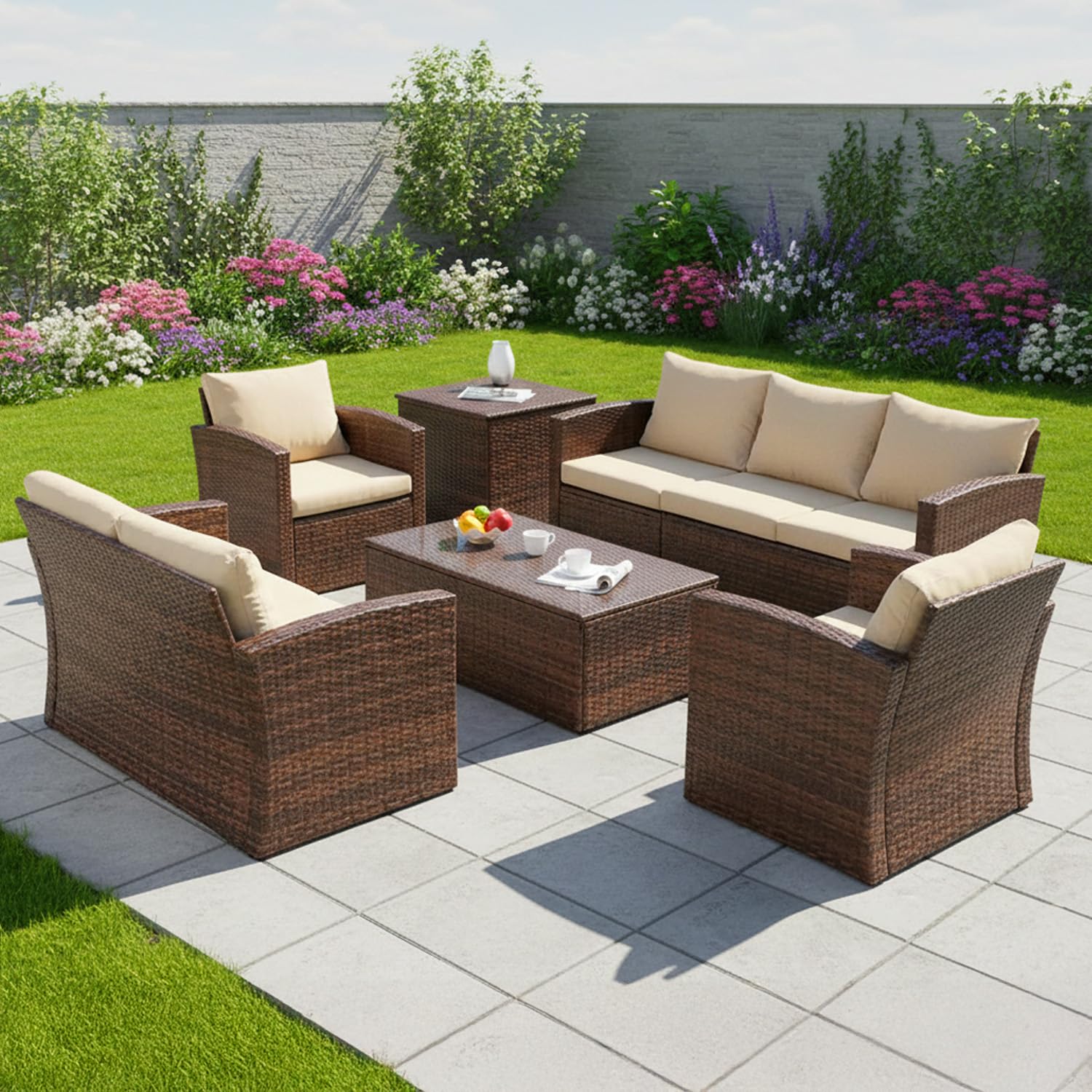 DEVOKO Oasis Outdoor 7-Seater Wicker Sectional Sofa Waterproof Outdoor Furniture with Cushions,Center Table and Side Table for Indoor and Outdoor (Dark Brown and Cream)