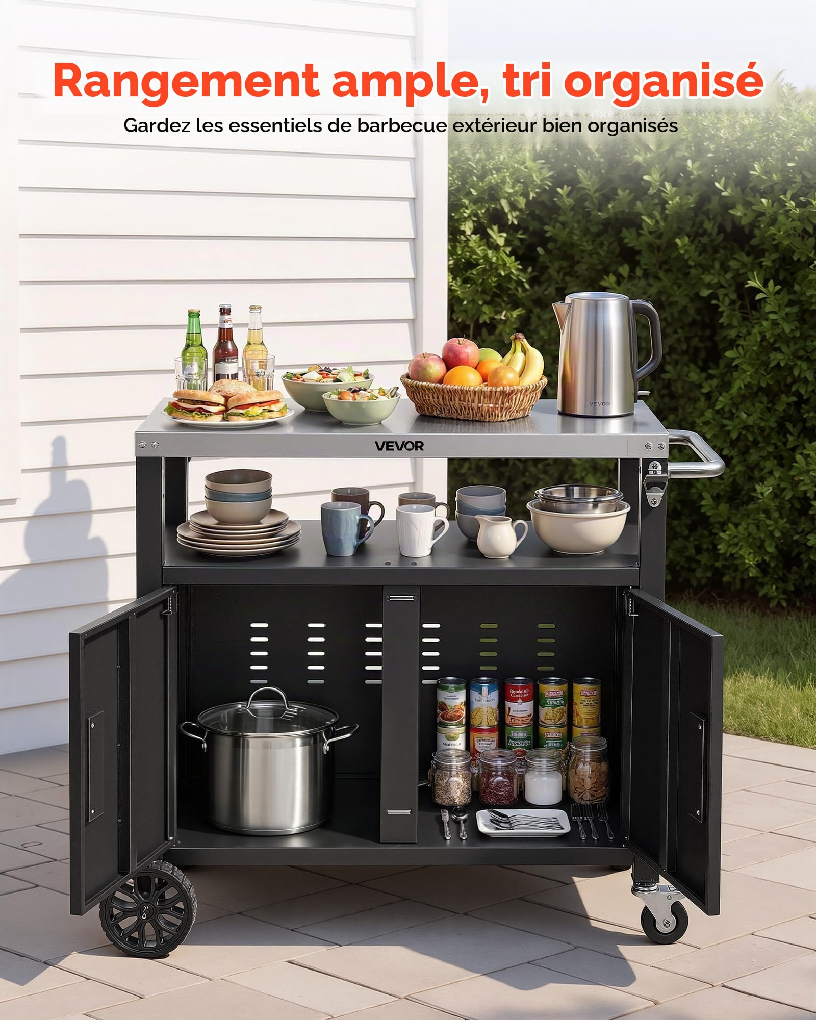 VEVOR Desserte Plancha Extérieure 92,4 cm, Chariot de Barbecue avec Plateau en INOX et Placard, pour BBQ Jardin Terrasse, Plan de Travail Mobile pour Cuisine d'Été, Table de Barbecue avec roulettes