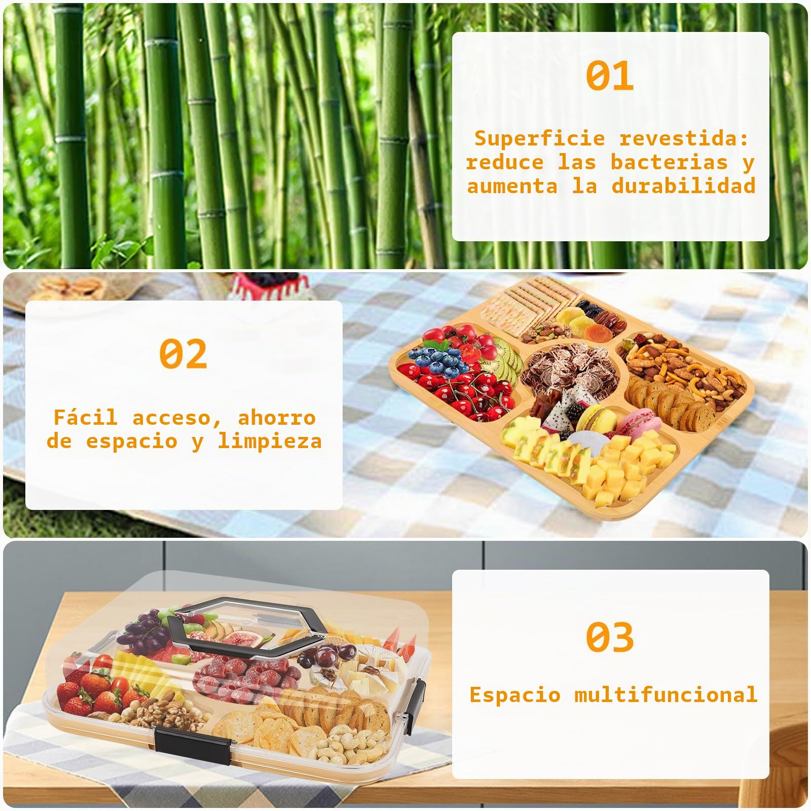 Tefola Bandeja para servir dividida, organizador portátil, 5 compartimentos, tabla con tapa transparente y asa, caja de aperitivos, organizador de charcutería y platos de aperitivos a prueba de fugas
