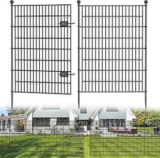4 Panels No Dig Decorative Outdoor Garden Fence with Gate for Yard, 48 in(H) X 10.5 ft(L) Animal Barrier Fencing Rustproof Metal Wire Panel Border for Dog, Rabbits, and Patio Temporary Ground Stakes