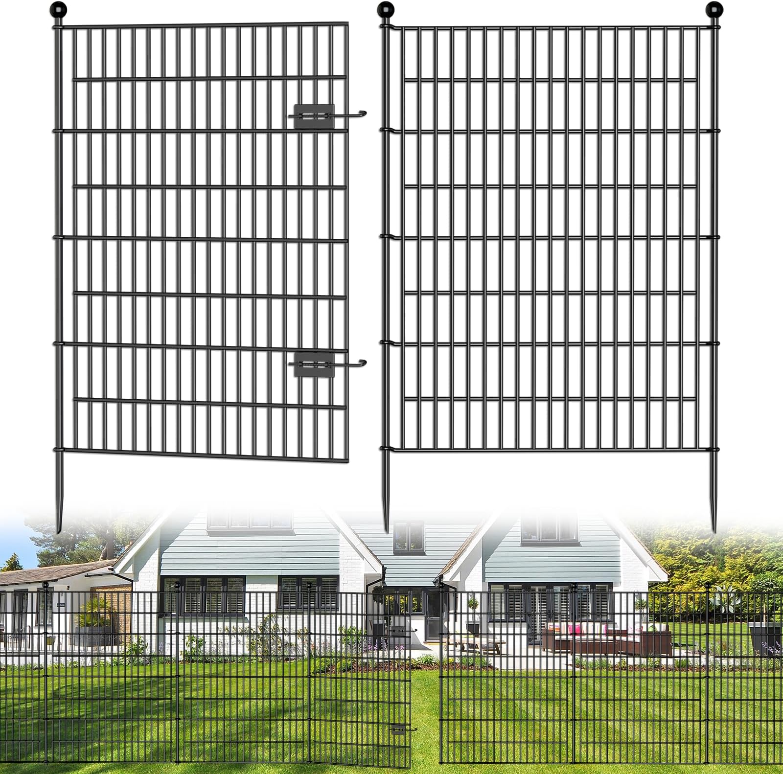4 Panels No Dig Decorative Outdoor Garden Fence with Gate for Yard, 48 in(H) X 10.5 ft(L) Animal Barrier Fencing Rustproof Metal Wire Panel Border for Dog, Rabbits, and Patio Temporary Ground Stakes