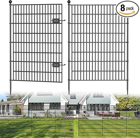 8 Panels No Dig Decorative Outdoor Garden Fence with Gate for Yard, 48 in(H) X 21 ft(L) Animal Barrier Fencing Rustproof Metal Wire Panel Border for Dog, Rabbits, and Patio Temporary Ground Stakes