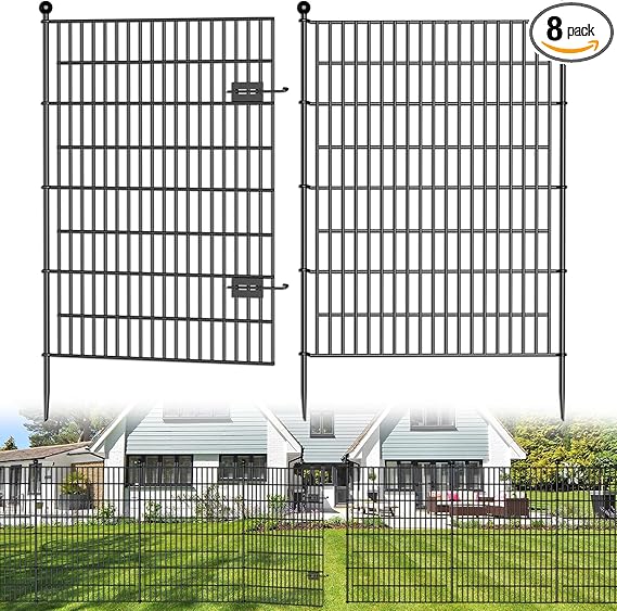 8 Panels No Dig Decorative Outdoor Garden Fence with Gate for Yard, 48 in(H) X 21 ft(L) Animal Barrier Fencing Rustproof Metal Wire Panel Border for Dog, Rabbits, and Patio Temporary Ground Stakes