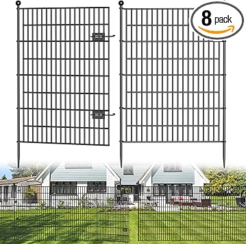 8 Panels No Dig Decorative Outdoor Garden Fence with Gate for Yard, 48 in(H) X 21 ft(L) Animal Barrier Fencing Rustproof Metal Wire Panel Border for Dog, Rabbits, and Patio Temporary Ground Stakes