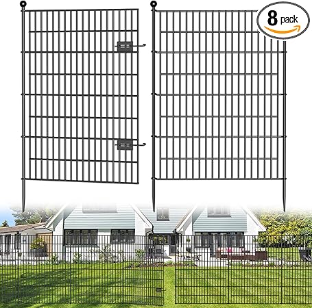 8 Panels No Dig Decorative Outdoor Garden Fence with Gate for Yard, 48 in(H) X 21 ft(L) Animal Barrier Fencing Rustproof Metal Wire Panel Border for Dog, Rabbits, and Patio Temporary Ground Stakes