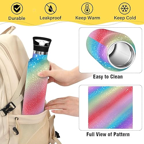 Miniatura 4 de Botella de agua deportiva aislada con purpurina arcoíris degradado a prueba de fugas y sin BPA, con pajitas a prueba de fugas, mantiene el calor y