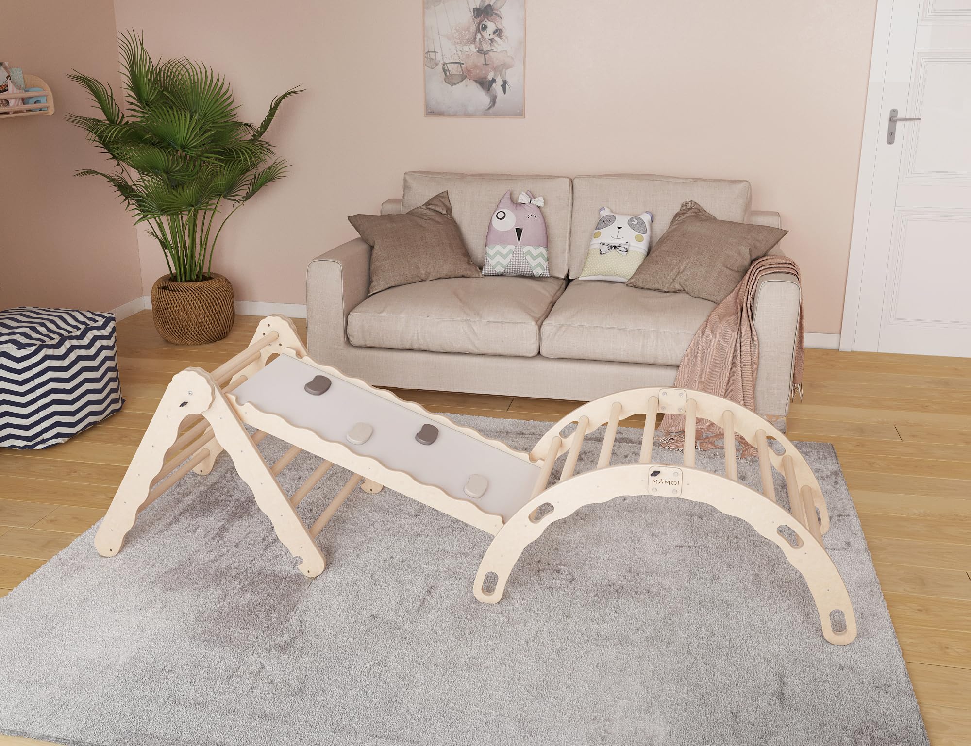 MAMOI® Set Klettergerüst Indoor – Kletterdreieck mit Rutsche aus Holz, Kletterbogen, Rutschbrett, Holzbogen für den Innenbereich
