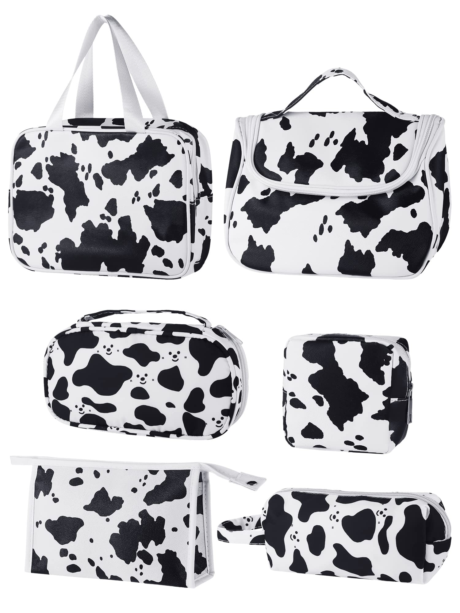Sanwuta 6 Pieces Makeup Bag Set, Travel Toiletry Cosmetic Bag Set with Zipper Waterproof Cow Print Purse PU Leather Pouch Cute Organizer Portable Case for Girl Women, 6 Sizes, white plus black