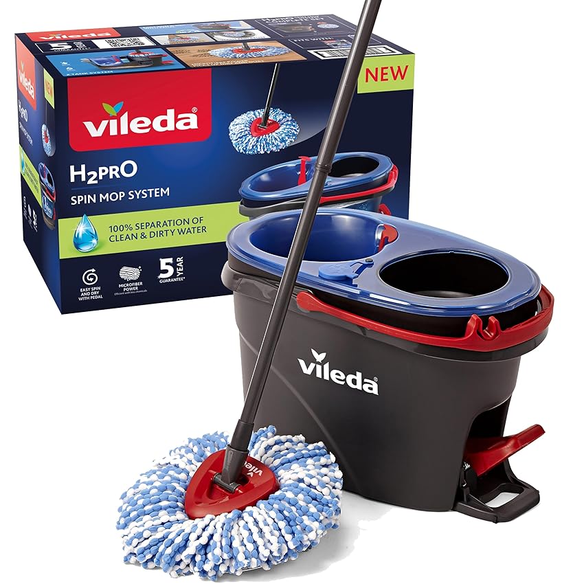 Vileda H2PrO Spin Mop Sistema lavapavimenti con centrifuga | Separazione acqua pulita e sporca | Sistema a due serbatoi | Strizzatura senza sforzo con pedale | Fiocco in microfibra | Design ergonomico