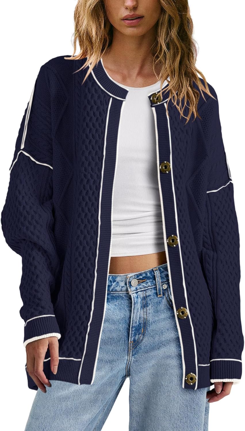 Panadila Womens Oversized Cable Knit Cardigan Sweaters Lightweight Button Down Cardigan Fall Striped Jackets with Pockets