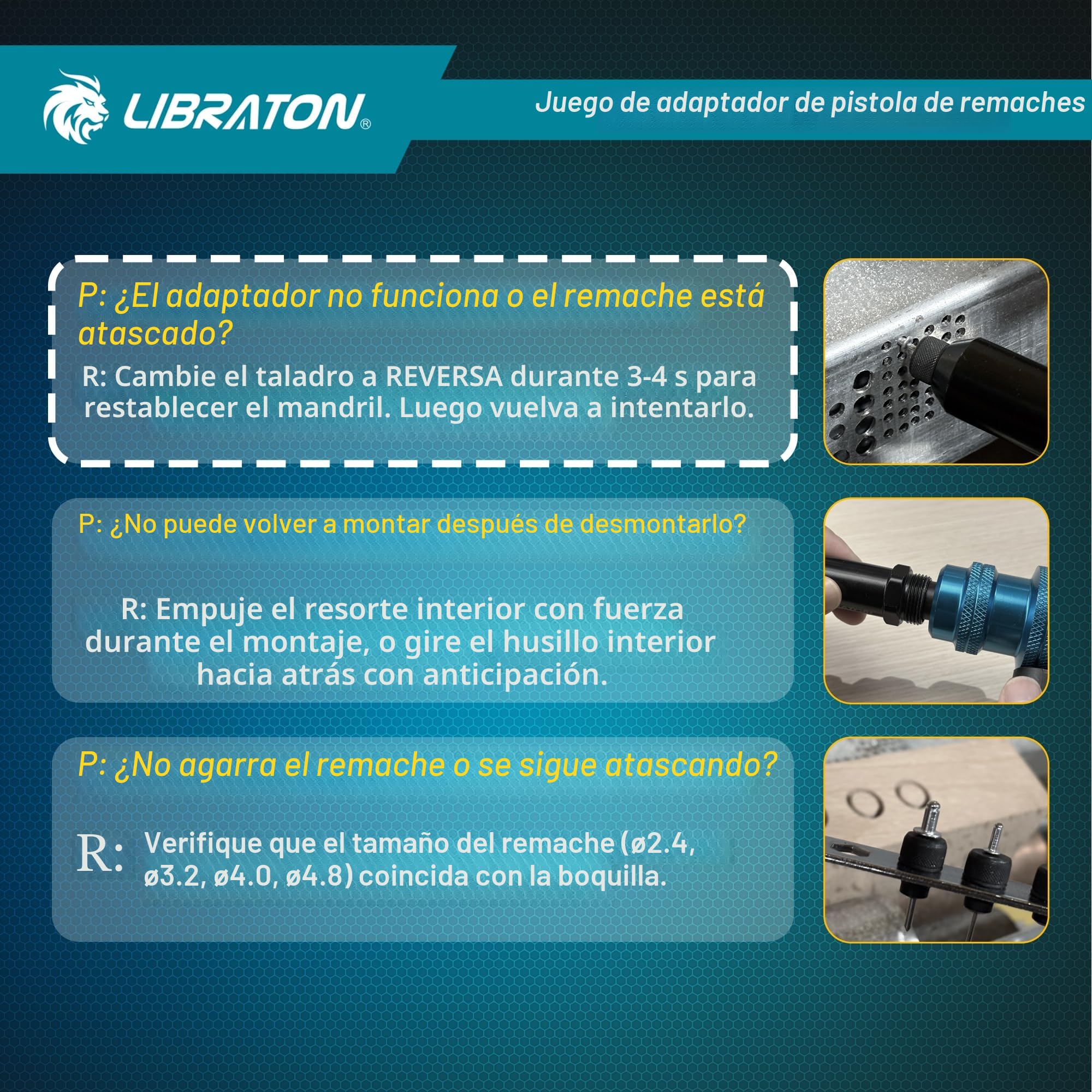 LIBRATON Adaptador de Remachadora para Taladro, Adaptador de Remache para Taladro Eléctrico, Accesorio de Remache para Taladro Inalámbrico, con Asa, Fácil Procesamiento 2,4mm 3,2mm 4,0mm 4,8mm