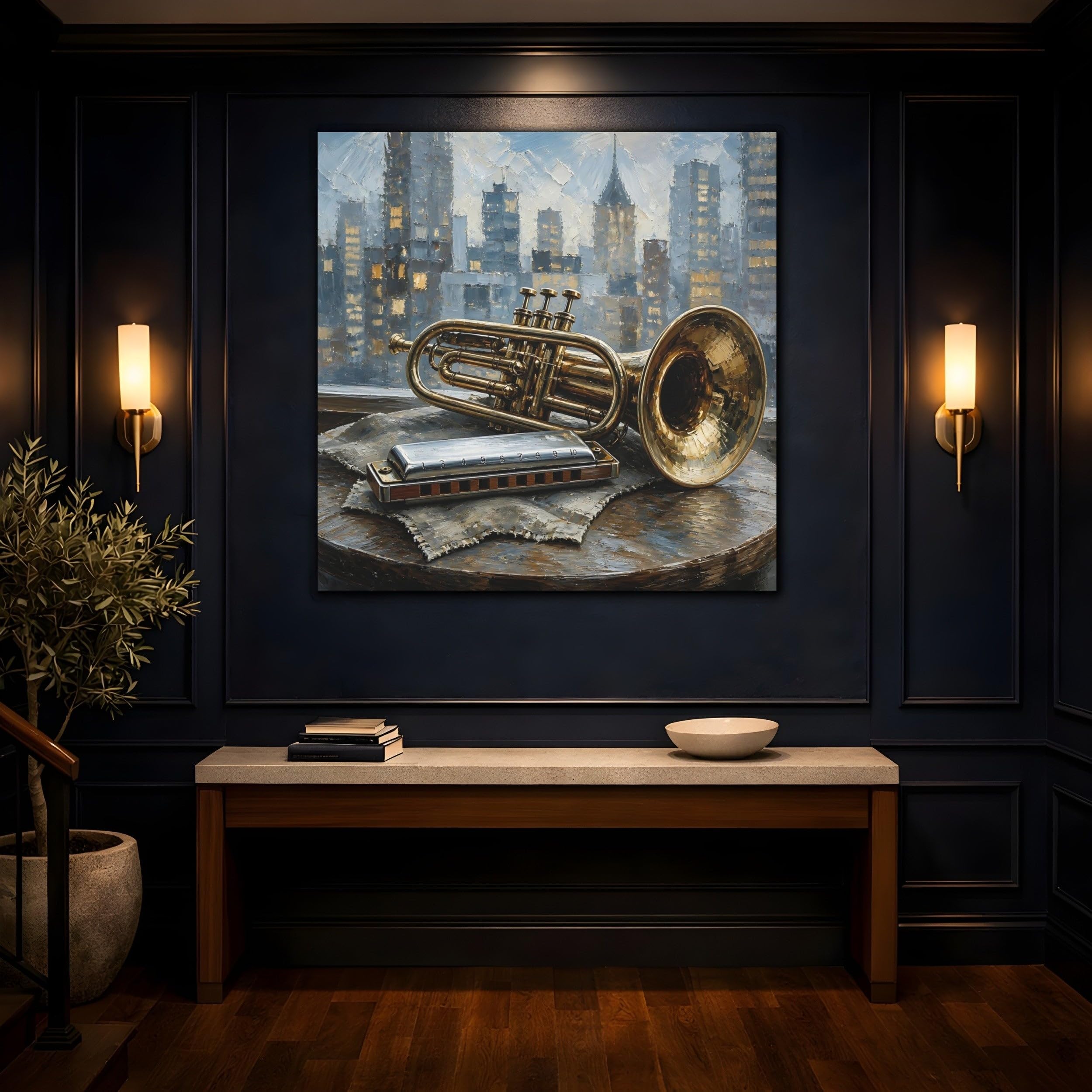 Vintage Trumpet Harmonica Gold And Blue Canvas Print – Living Room, Above Console Table 16×16 inch (40×40 cm) - Square / 1.25 inch (3 cm)
