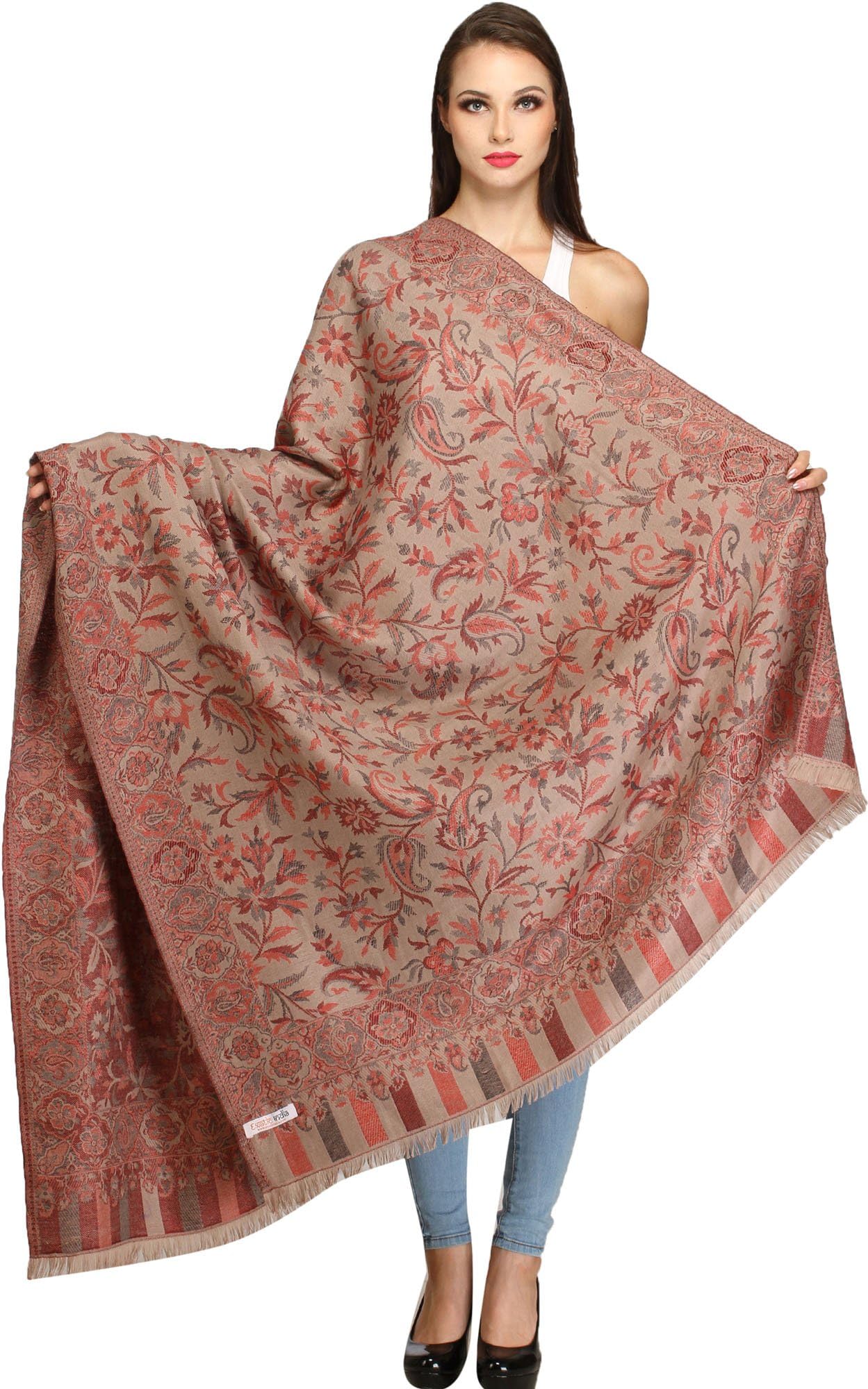 Women Reversible Jamawar Wool Shawl with Woven Flowers | Ethnic Beautiful Floral Weave Stole, Dupatta