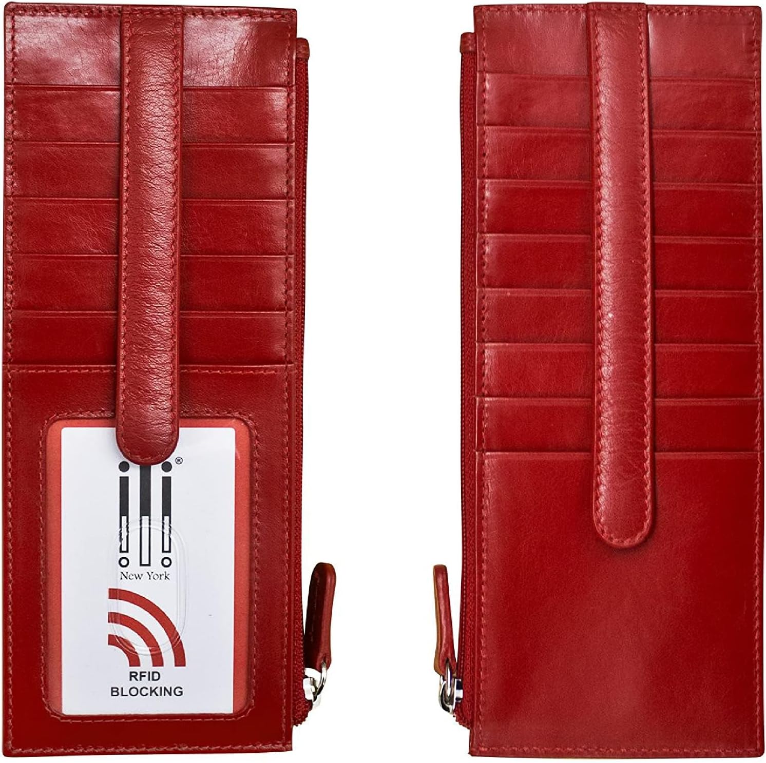 ili New York Long Double Sided Slim Wallet, RFID Blocking Card Holder with ID Window and Side Zip Pocket for Men and Women, Sage Multi