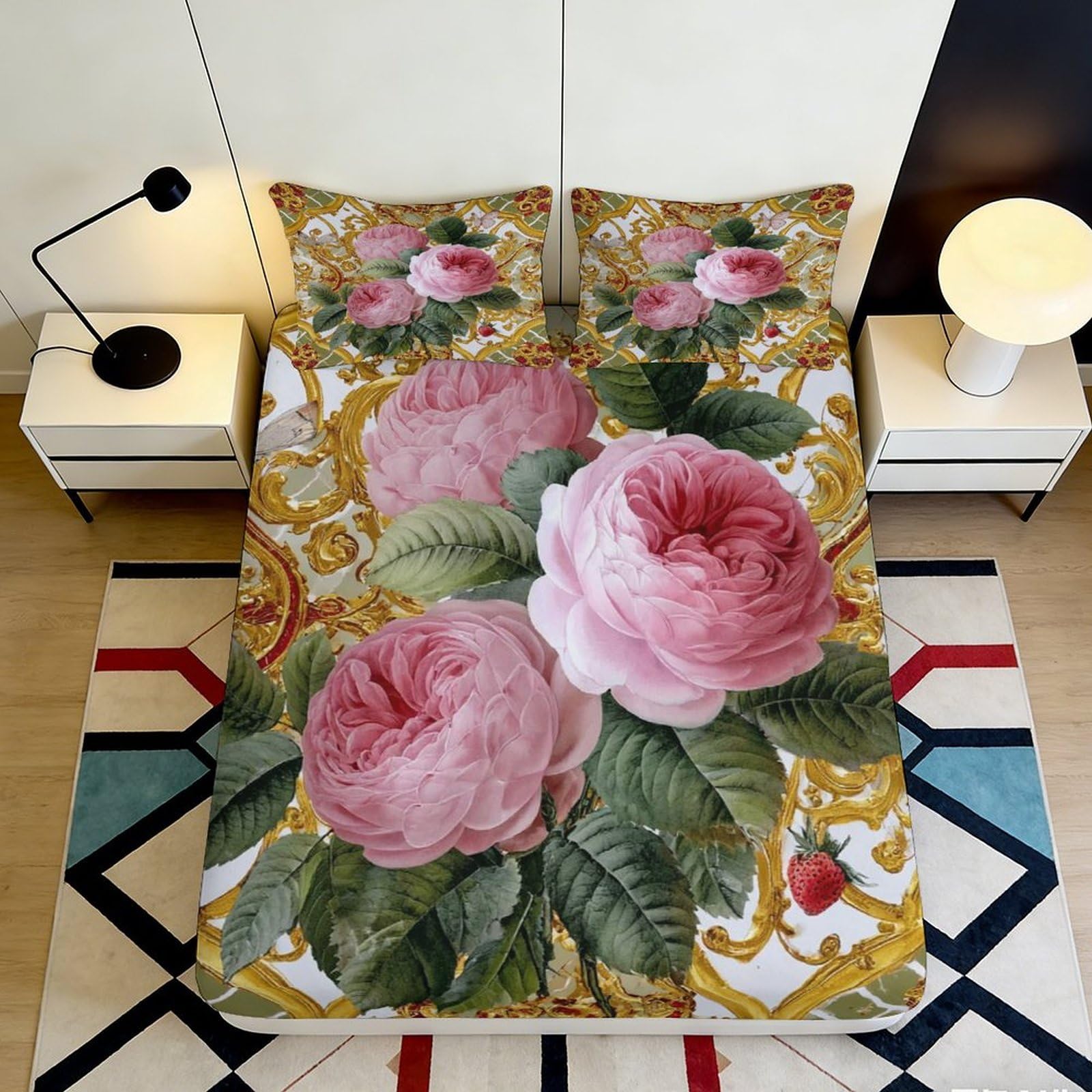 3D Printed Vintage Rose Fitted Sheet Microfiber Floral Baroque Mattress Cover for Bedroom Guest Room Decor 120x200cm 200x200x25cm