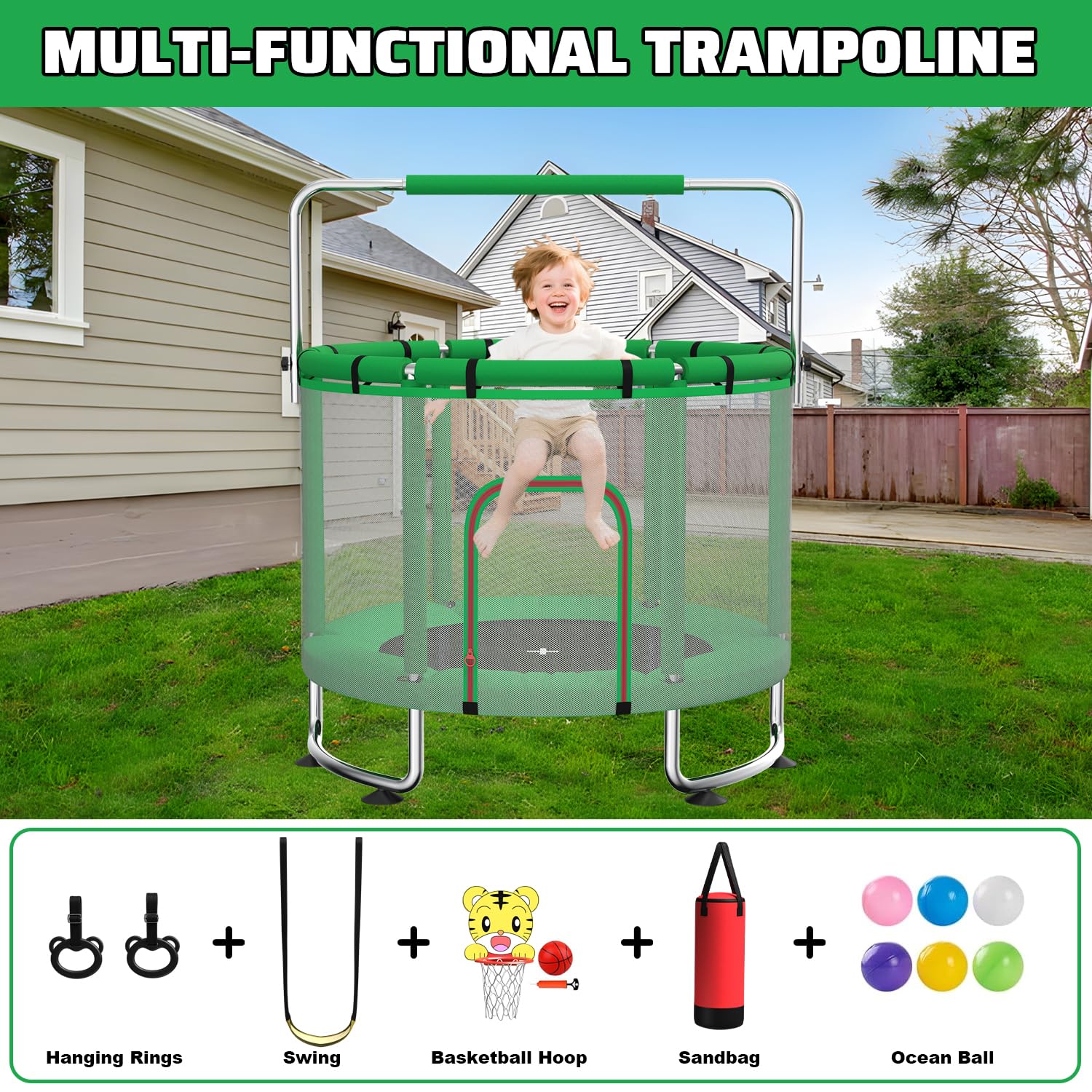 Trampoline pour Enfants 140 cm intérieur/extérieur – Charge maximale 50 kg avec Filet de sécurité, Barre de Gymnastique réglable et Panier de Basket, Cadeau pour garçons et Filles