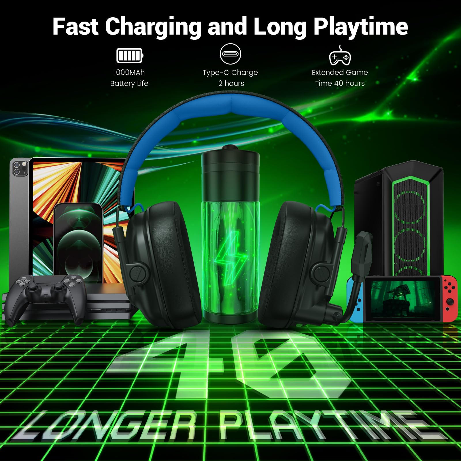 Krysenix KGH2 Bezprzewodowy zestaw słuchawkowy gamingowy, słuchawki Bluetooth 2.4G do PC, PS4, PS5, Mac, Switch, zestaw słuchawkowy z mikrofonem z redukcją szumów, składany, Czarny niebieski