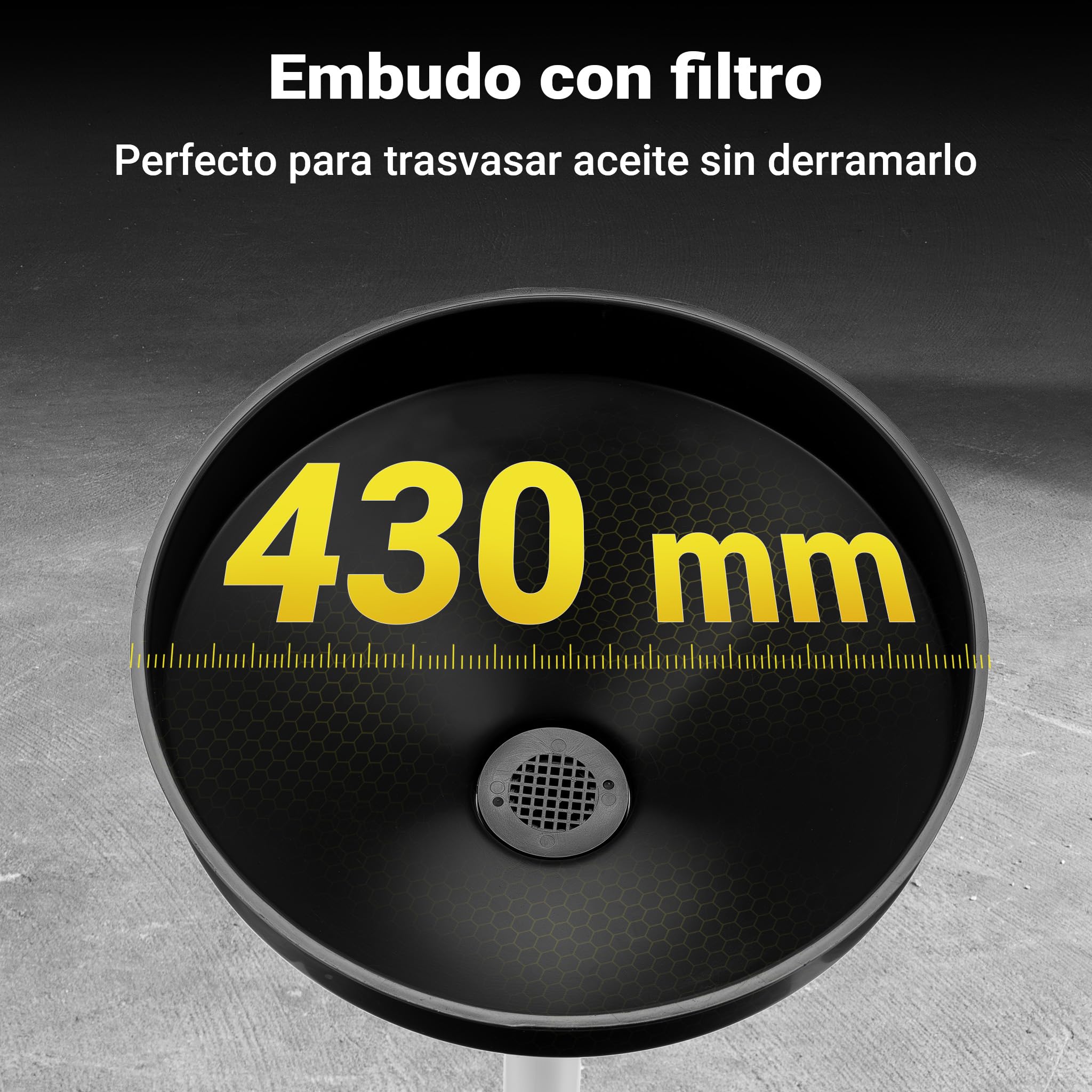 WilTec Recogedor de Aceite 75 l Altura Ajustable 140-185 cm Embudo Amplio 410 mm Resistente con Ruedas y Asas práctico para Cambio de Aceite en Coches y Motos