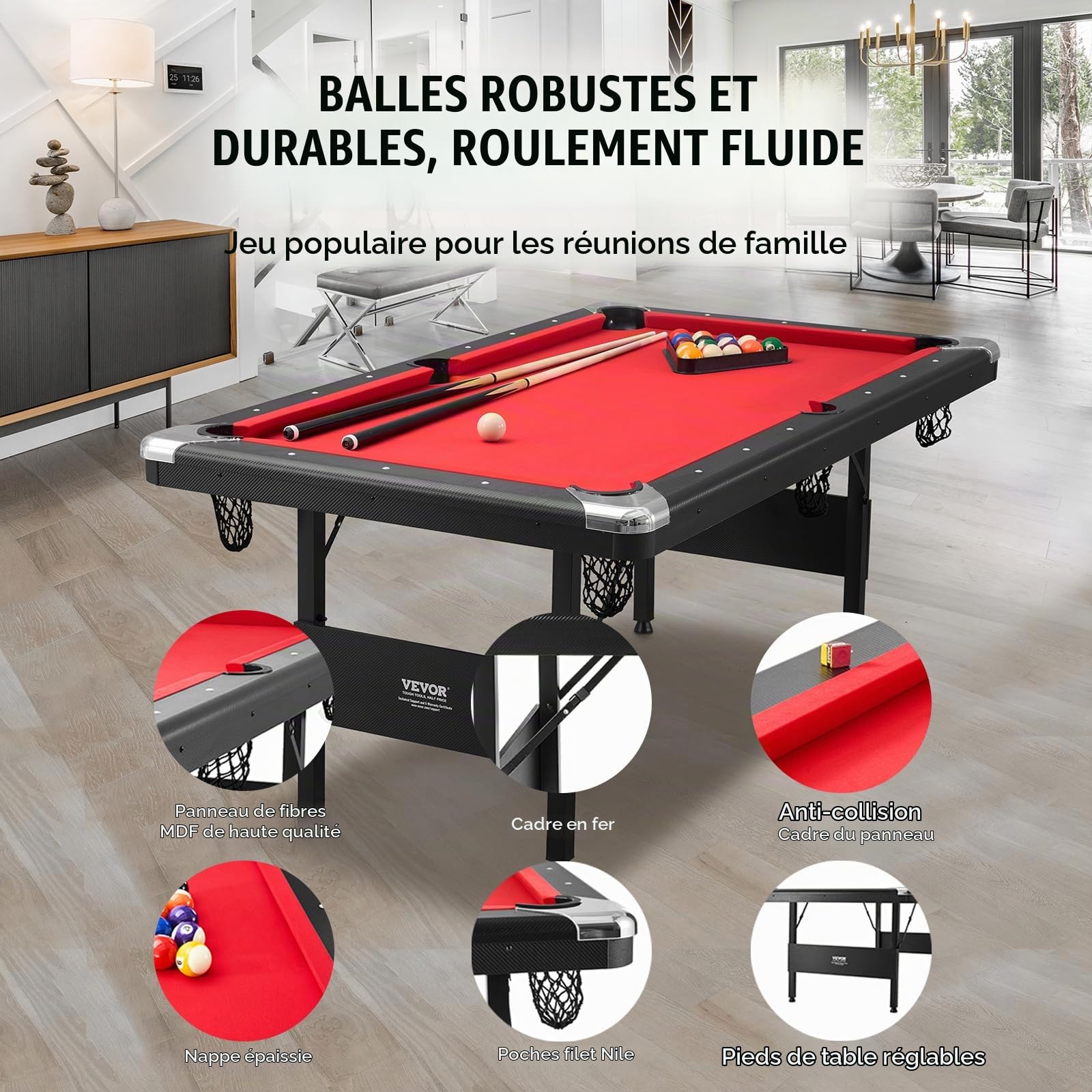 VEVOR Table de Billard 192 cm, Kit de Billard Pliable et Portable, Ensemble d'Accessoires Complets avec Balles, Queues, Craies et Brosse, Couleur Noir avec Tissu Rouge, pour Domicile, Club, Café-Bar