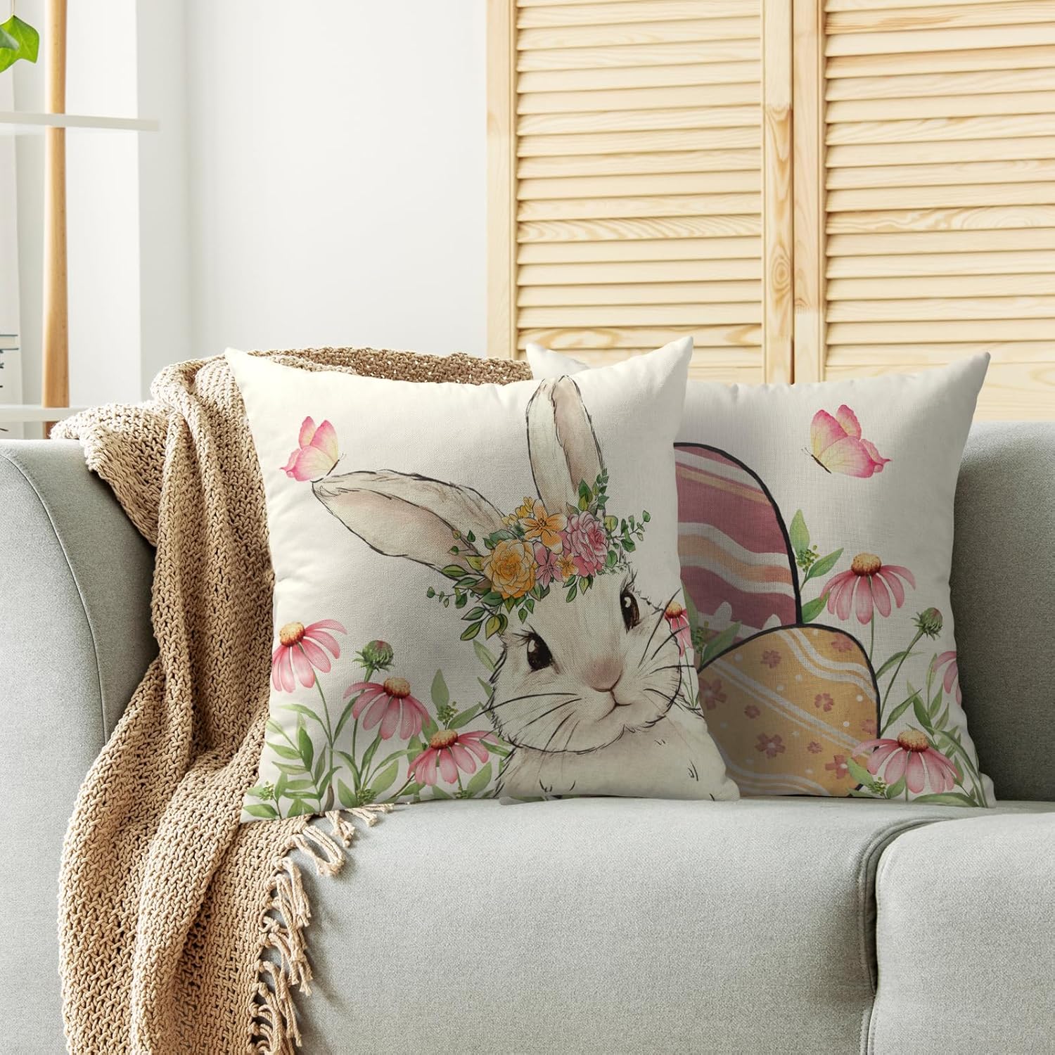 Spring Easter Pillow Covers 24X24 Set of 2, Bunny Rabbit Pink Yellow Easter Egg Floral Butterfly Holiday Decorative Throw Pillowcases Seasonal Outdoor Farmhouse Cushion Cases Couch Sofa Bed Decor